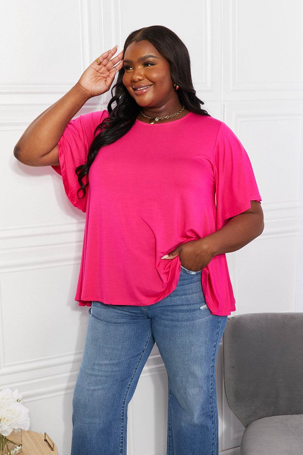 Yelete Full Size More Than Words Flutter Sleeve Top - DaTrendStore.Com