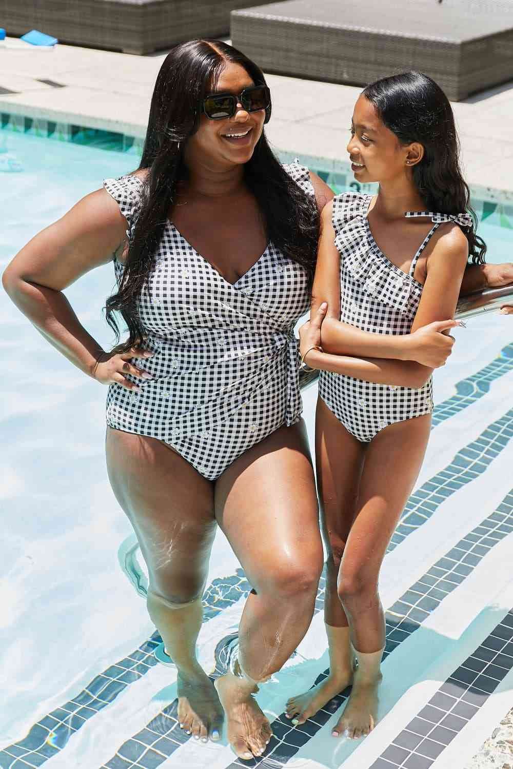 Marina West Swim Full Size Float On Ruffle Faux Wrap One-Piece in Black - DaTrendStore.Com
