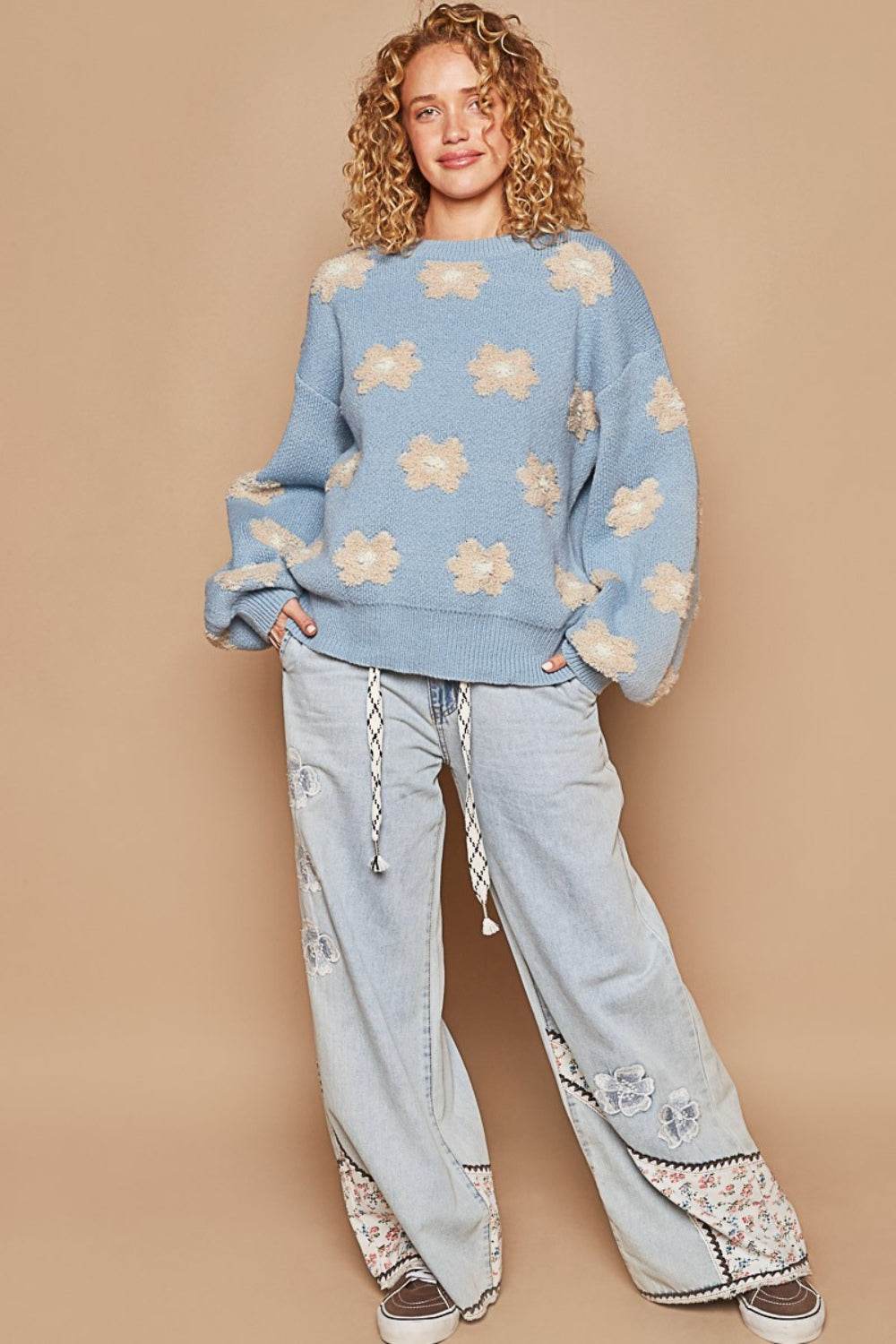 POL Daisy Pattern Drop Shoulder Sweater - DaTrendStore.Com