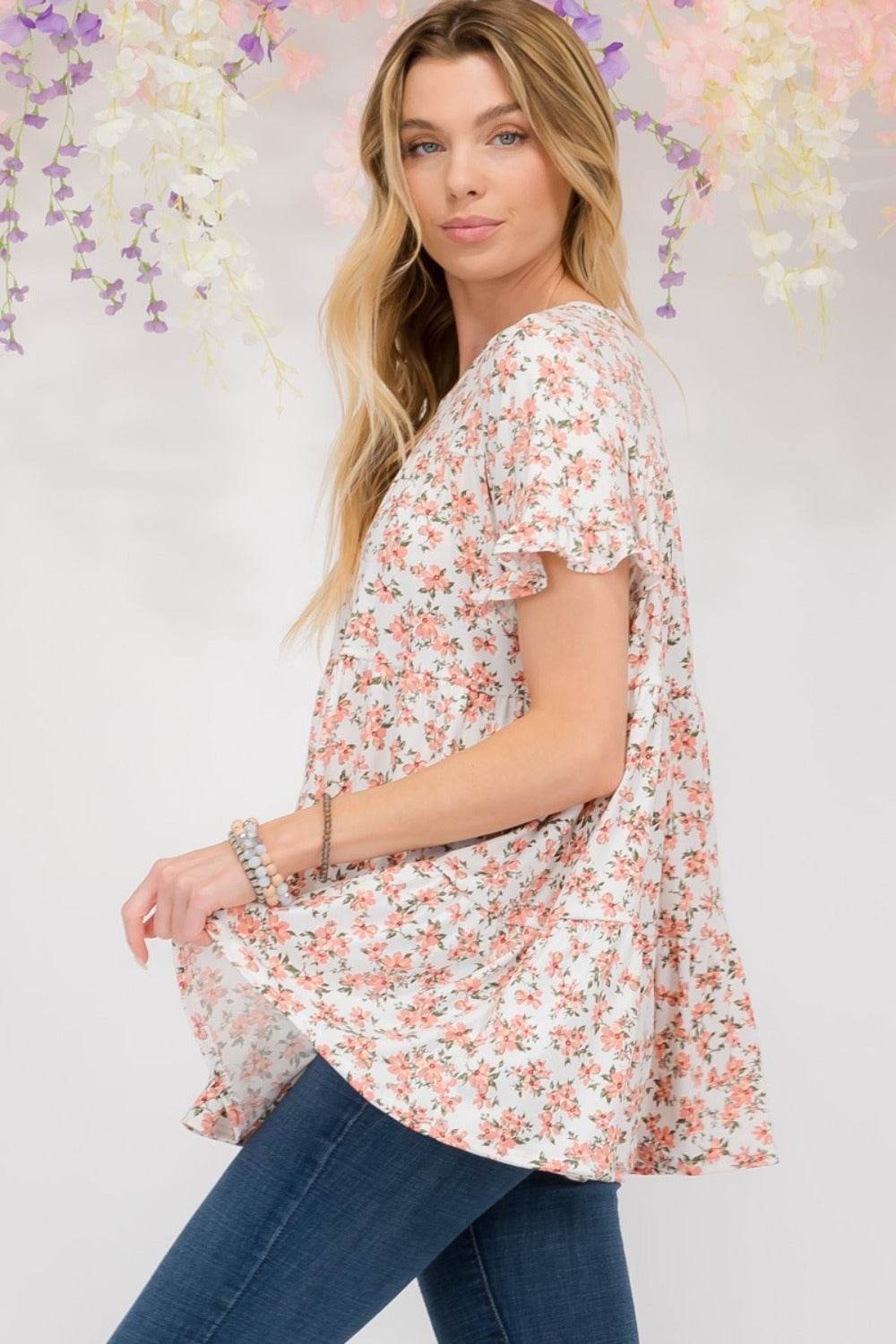 Celeste Full Size Floral Ruffled Short Sleeve Blouse - DaTrendStore.Com