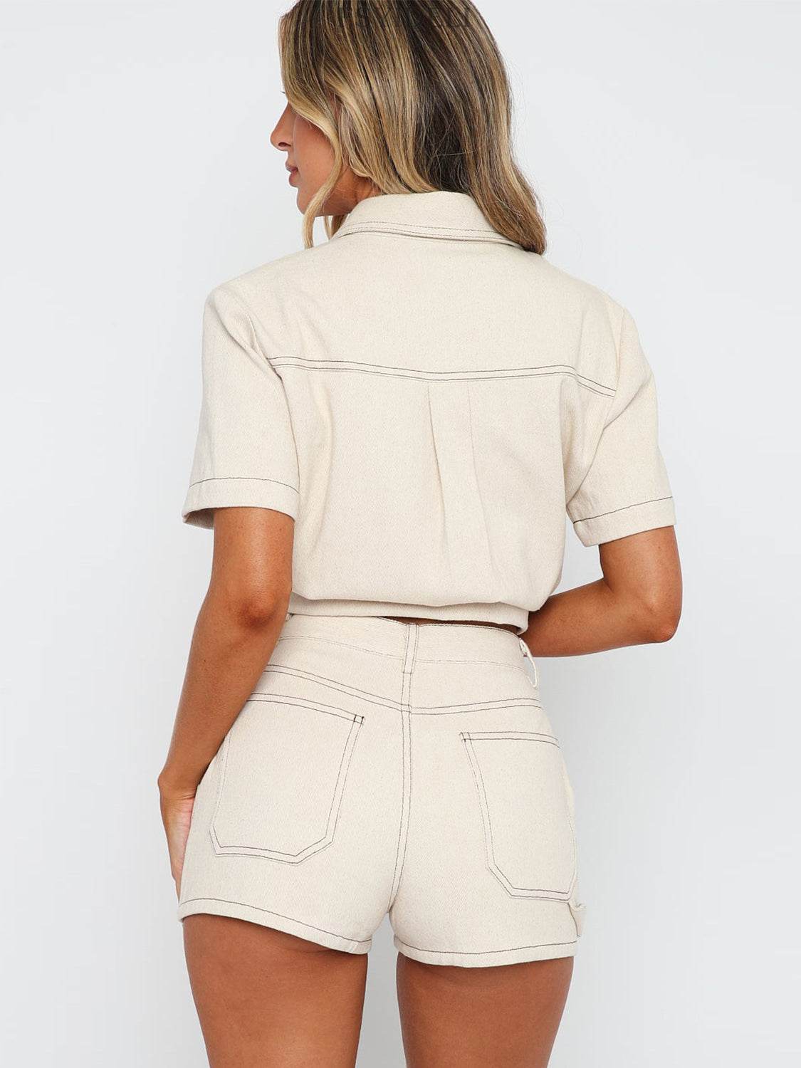 Pocketed Button Up Top and Shorts Set - DaTrendStore.Com