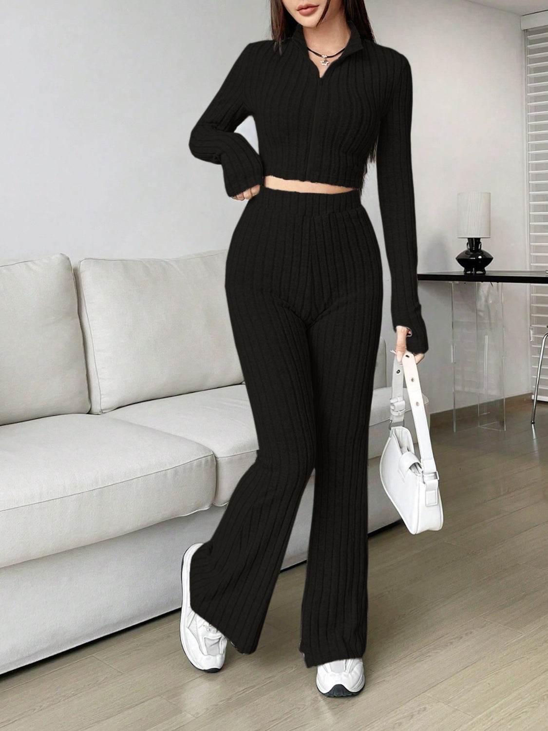 Honey Zip Up Long Sleeve Top and Pants Set - DaTrendStore.Com