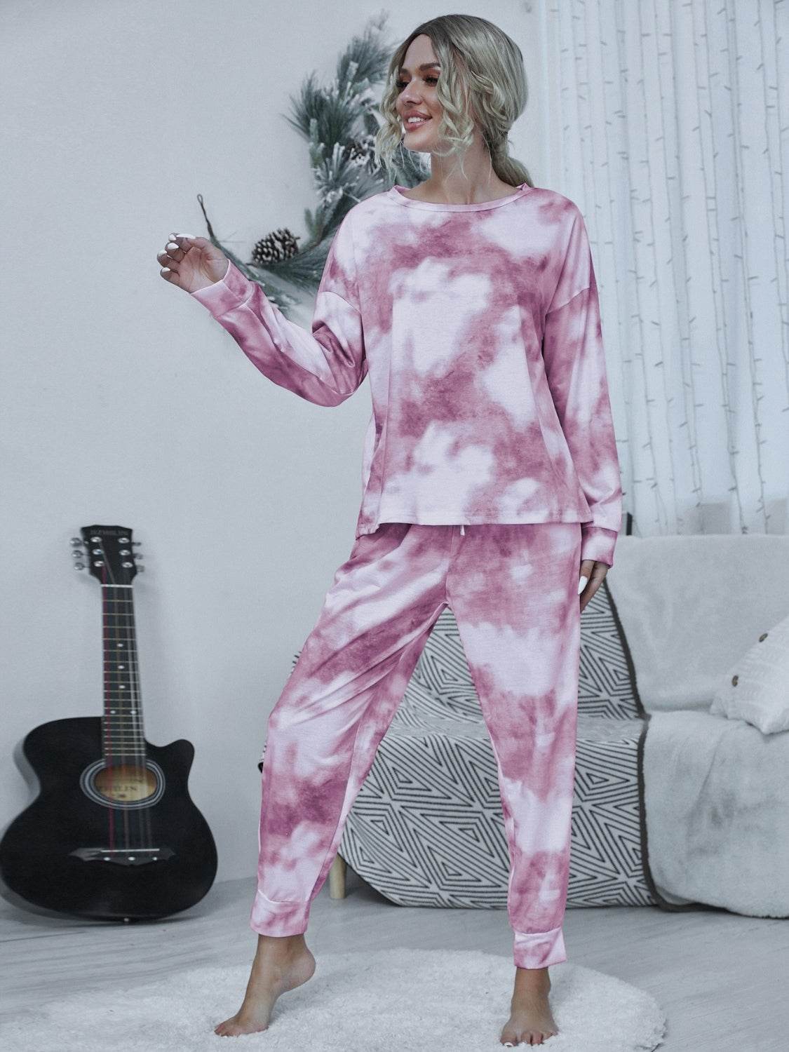 Shiny Tie-dye Round Neck Top and Drawstring Pants Lounge Set - DaTrendStore.Com