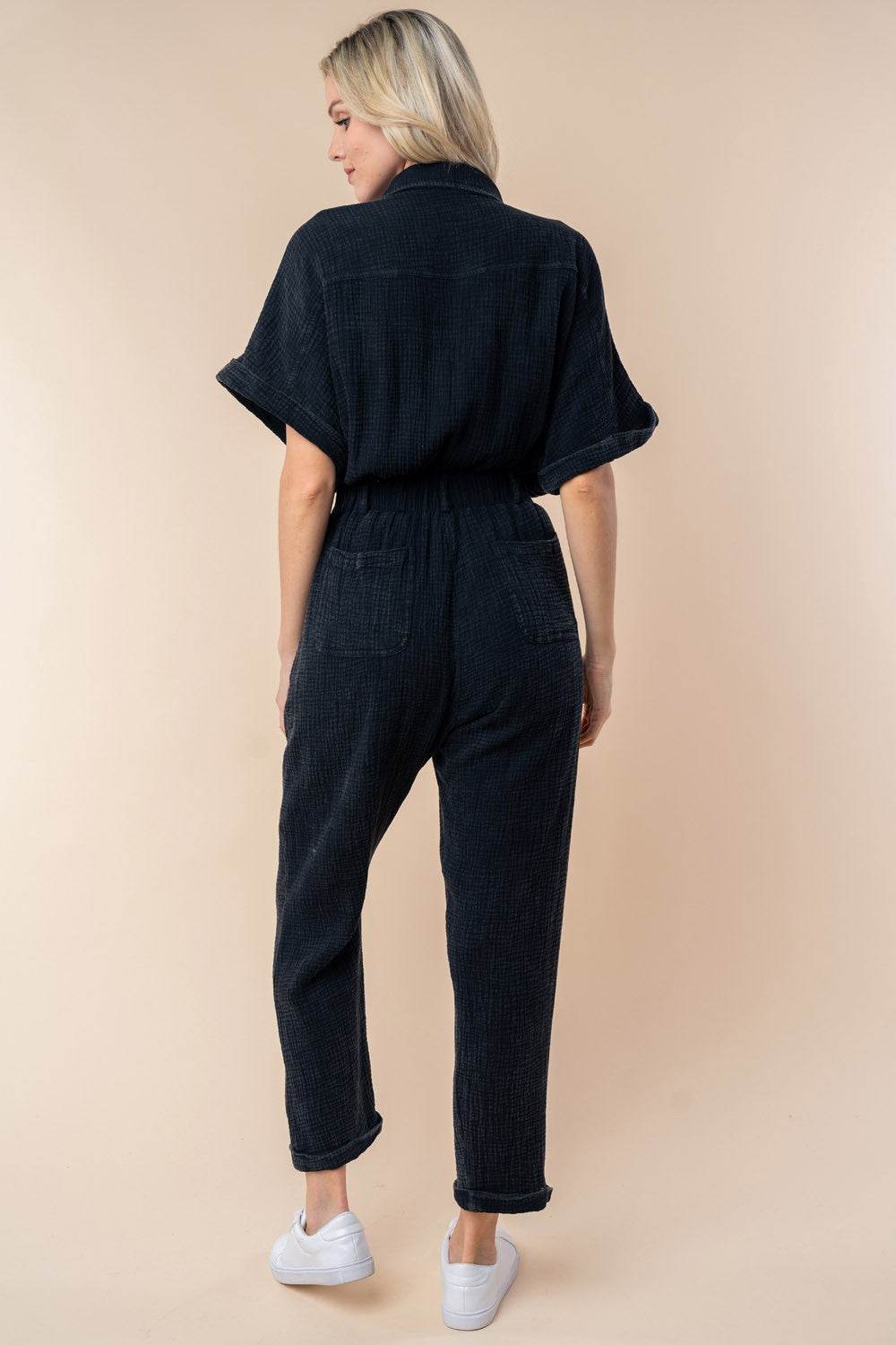 White Birch Texture Short Sleeve Jumpsuit - DaTrendStore.Com