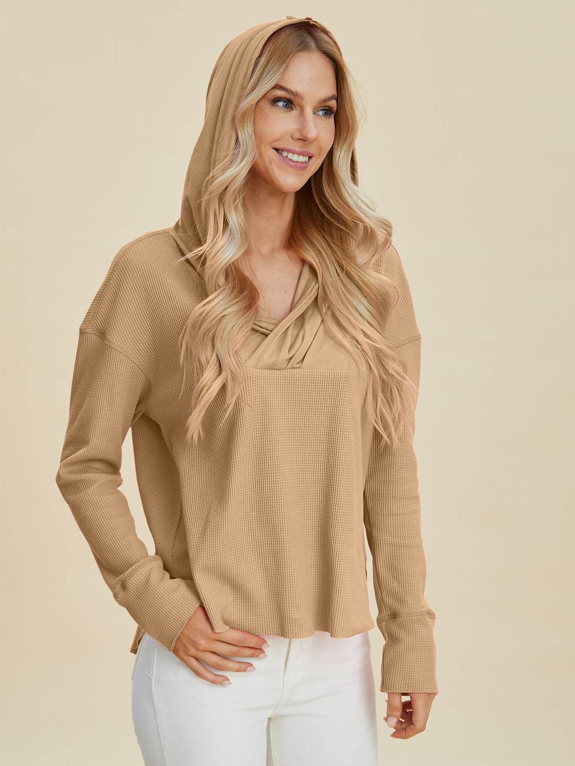 Double Take Full Size High-Low Dropped Shoulder Long Sleeve Hoodie - DaTrendStore.Com