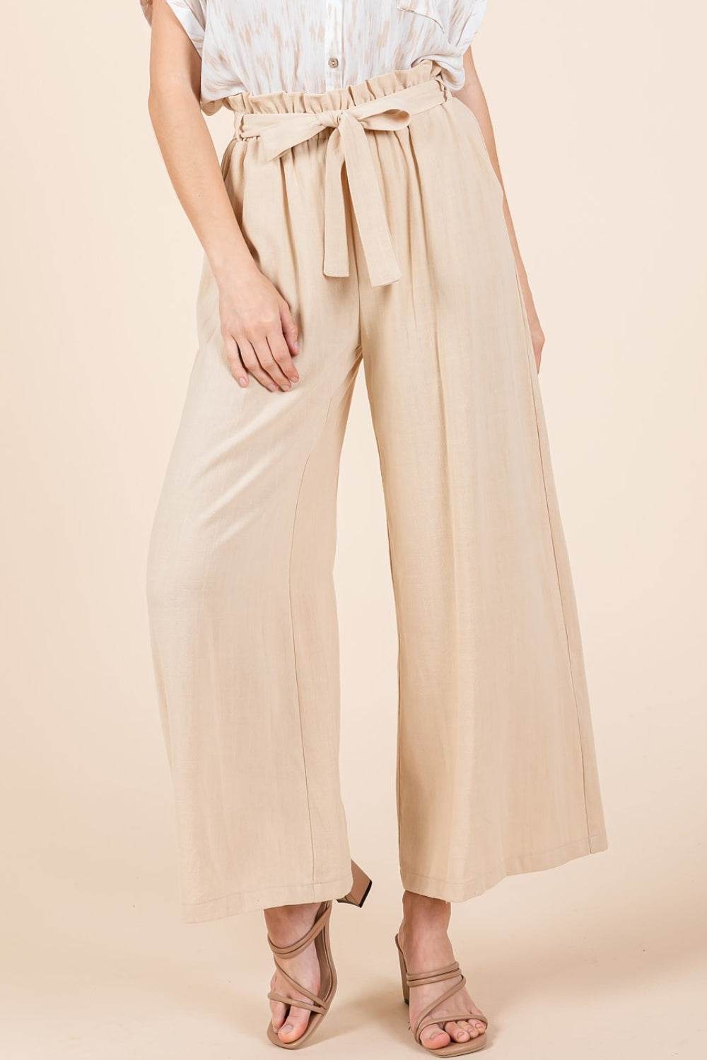 Mittoshop High Waist Tie Front Wide Leg Pants - DaTrendStore.Com
