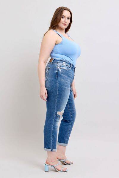 Judy Blue Full Size Button Fly Distressed Jeans with Pockets Plus Size - DaTrendStore.Com