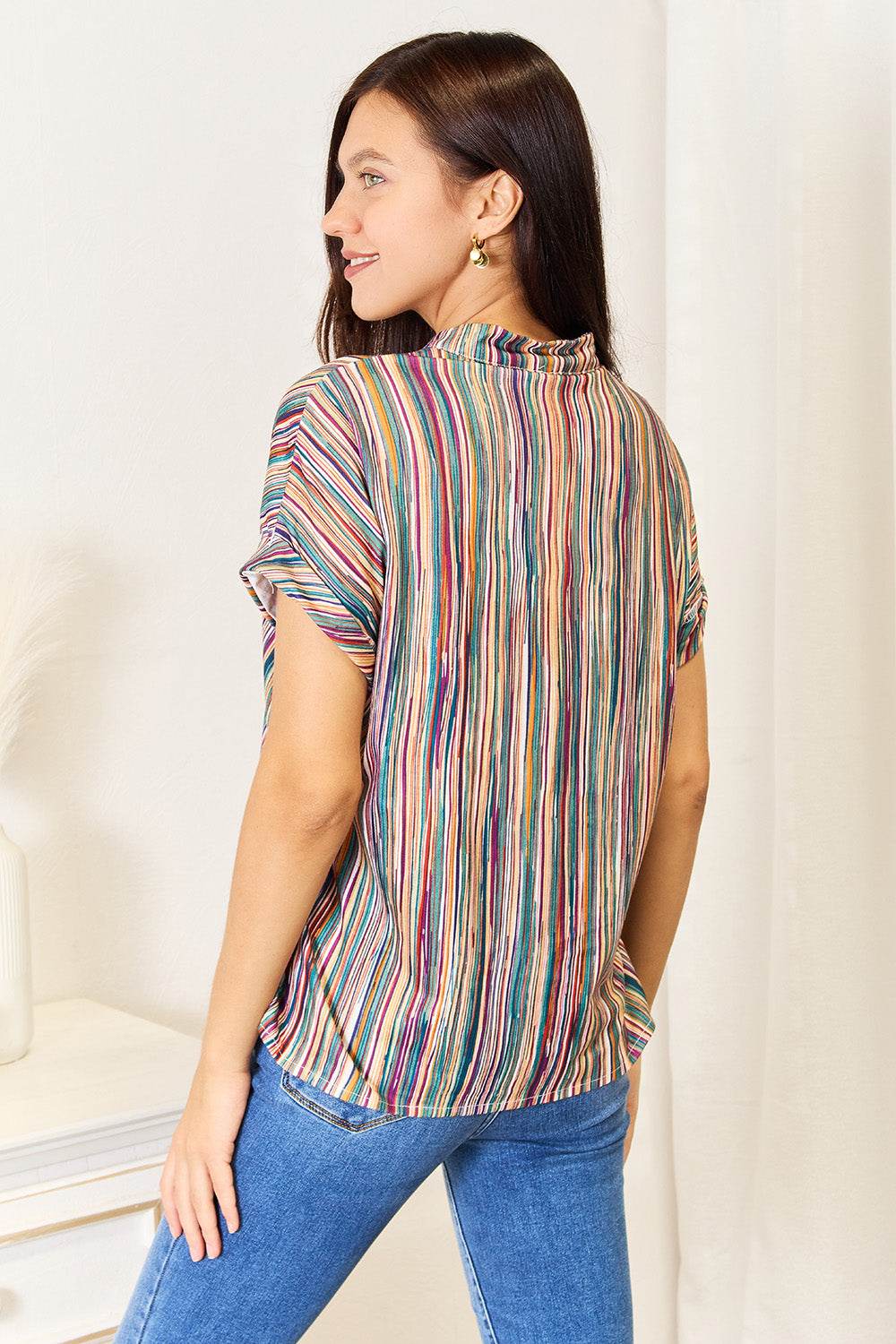 Shiny Multicolored Stripe Notched Neck Top - DaTrendStore.Com