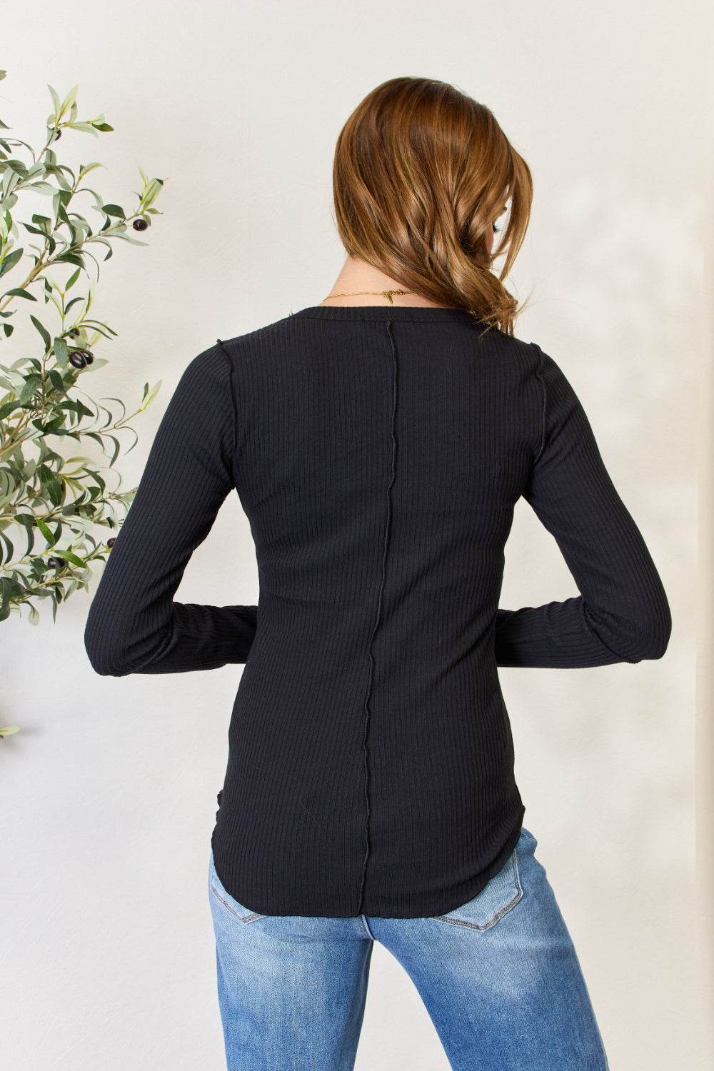 Culture Code Full Size Ribbed Round Neck Long Sleeve Top - DaTrendStore.Com