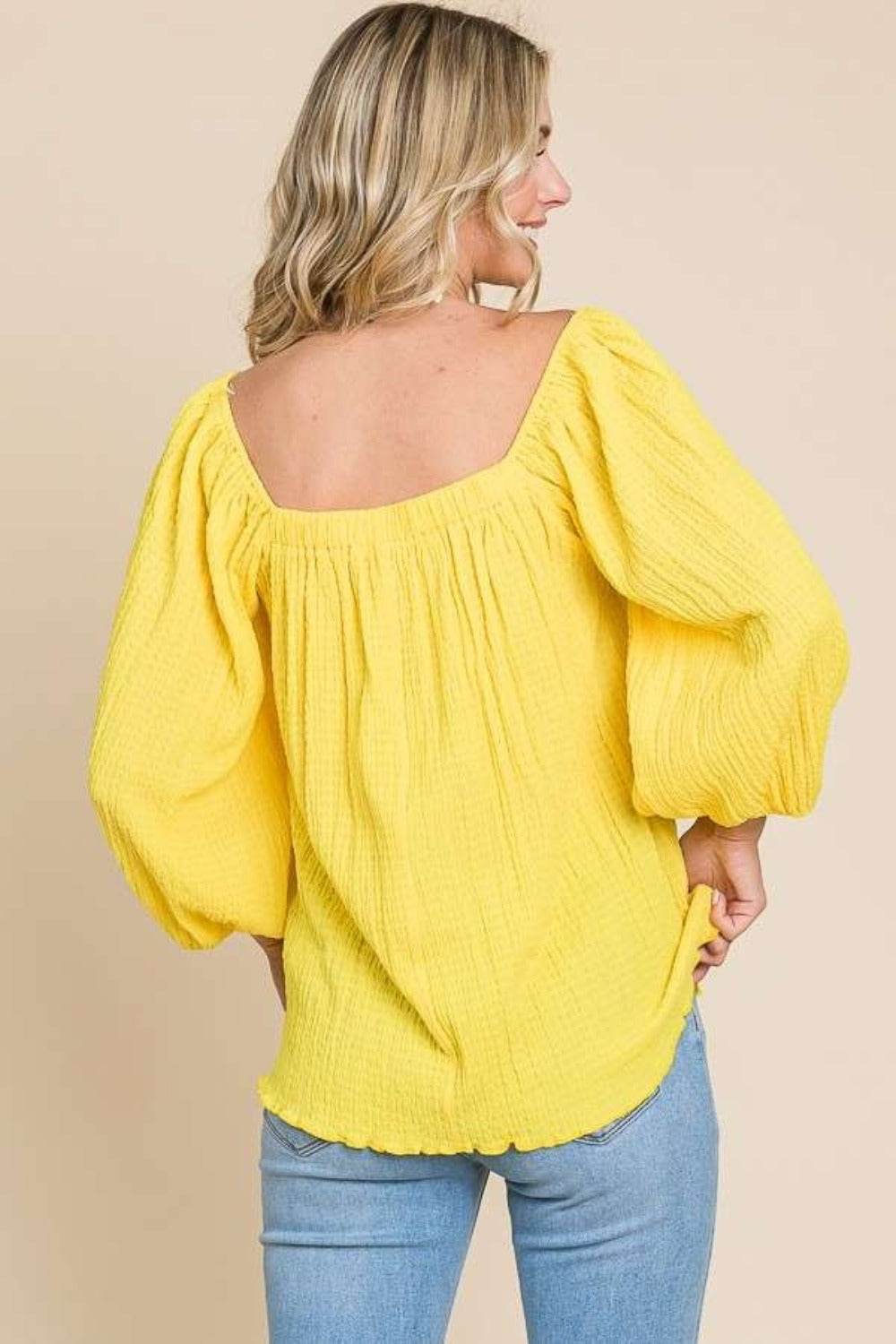 Culture Code Texture Square Neck Puff Sleeve Top - DaTrendStore.Com