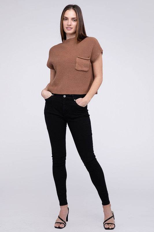 Mock Neck Short Sleeve Cropped Sweater - DaTrendStore.Com