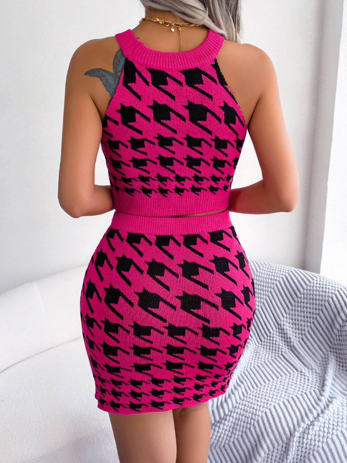 Houndstooth Sleeveless Top and Skirt Sweater Set - DaTrendStore.Com
