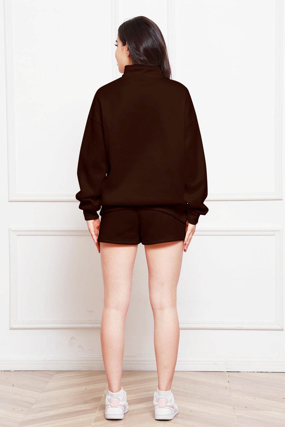 Half Zip Long Sleeve Sweatshirt and Drawstring Shorts Set - DaTrendStore.Com