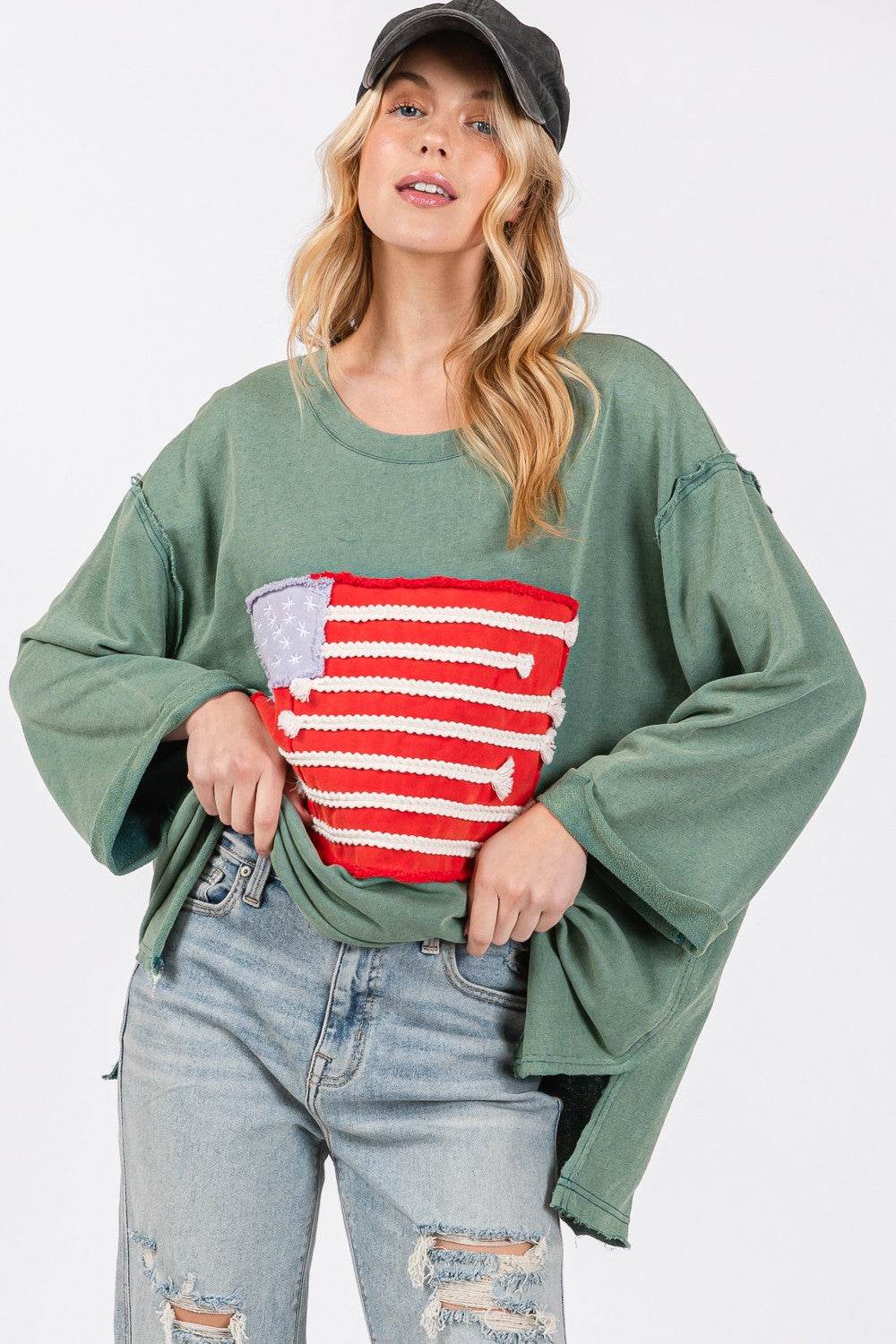 SAGE + FIG Full Size American Flag Patch Drop Shoulder T-Shirt - DaTrendStore.Com