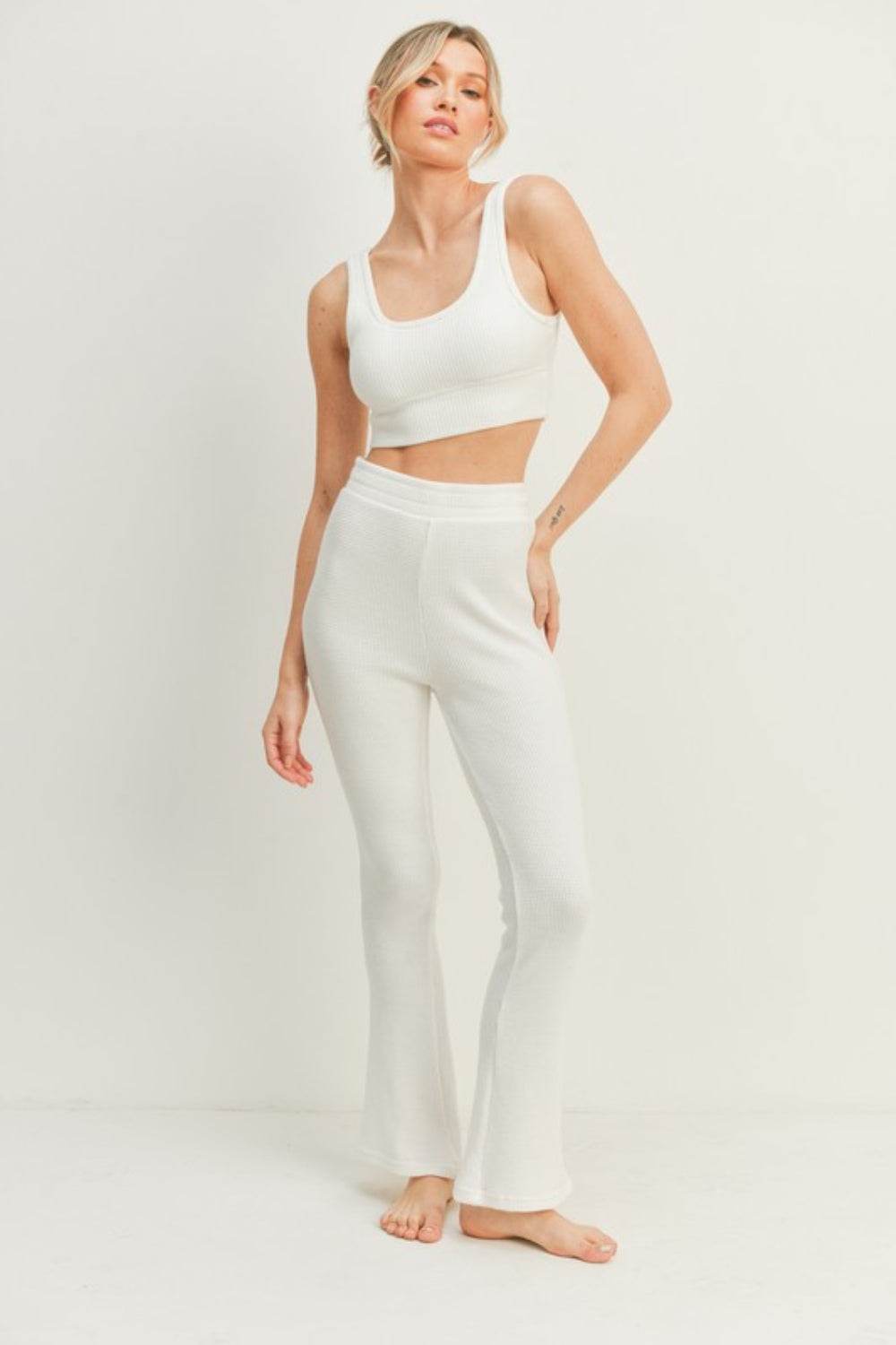 Kimberly C Waffle Tank and High Waist Flare Pants Set - DaTrendStore.Com