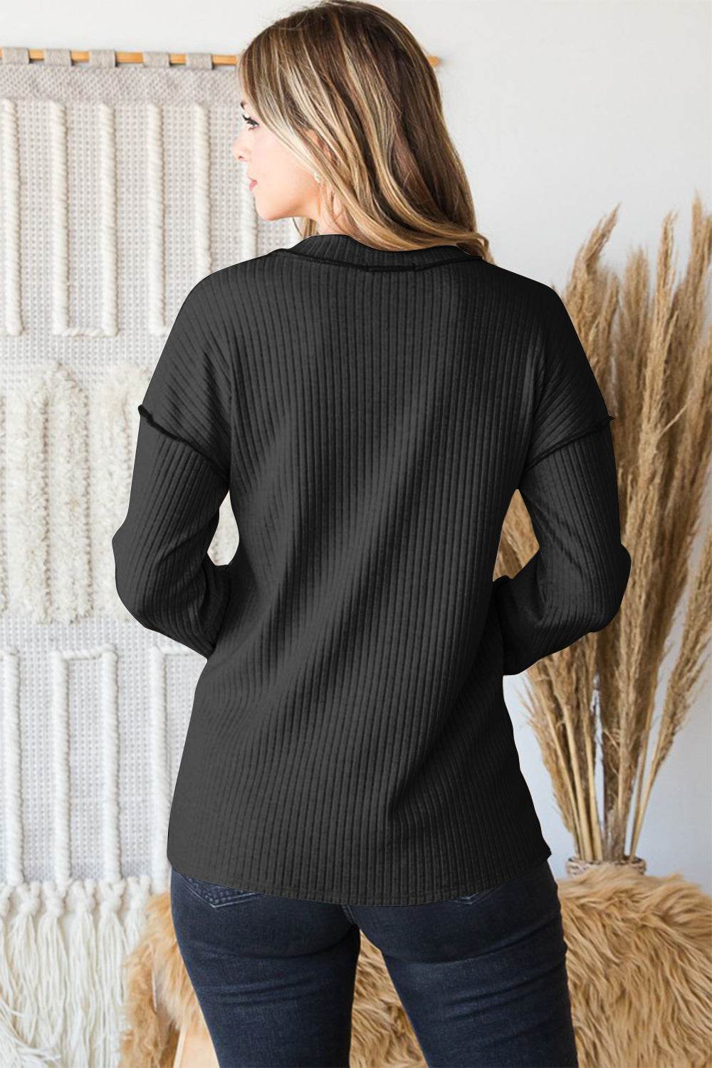 Heimish Full Size Ribbed V-Neck Exposed Seam Top - DaTrendStore.Com