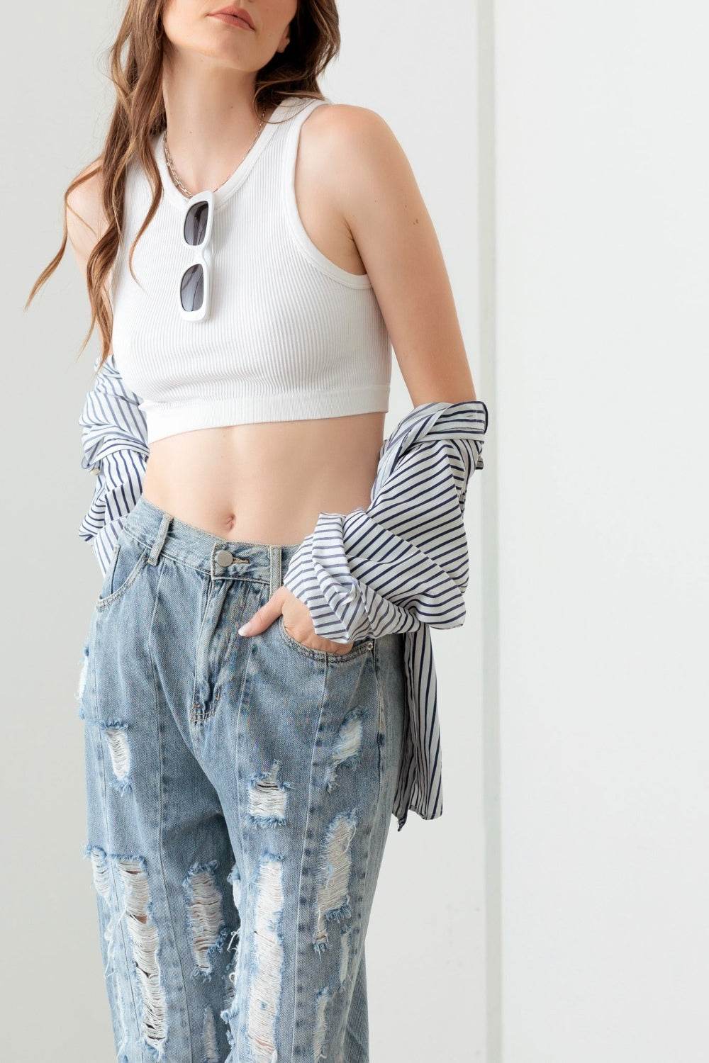 Litz La Washed Barrel Leg High Waist Distressed Jeans - DaTrendStore.Com