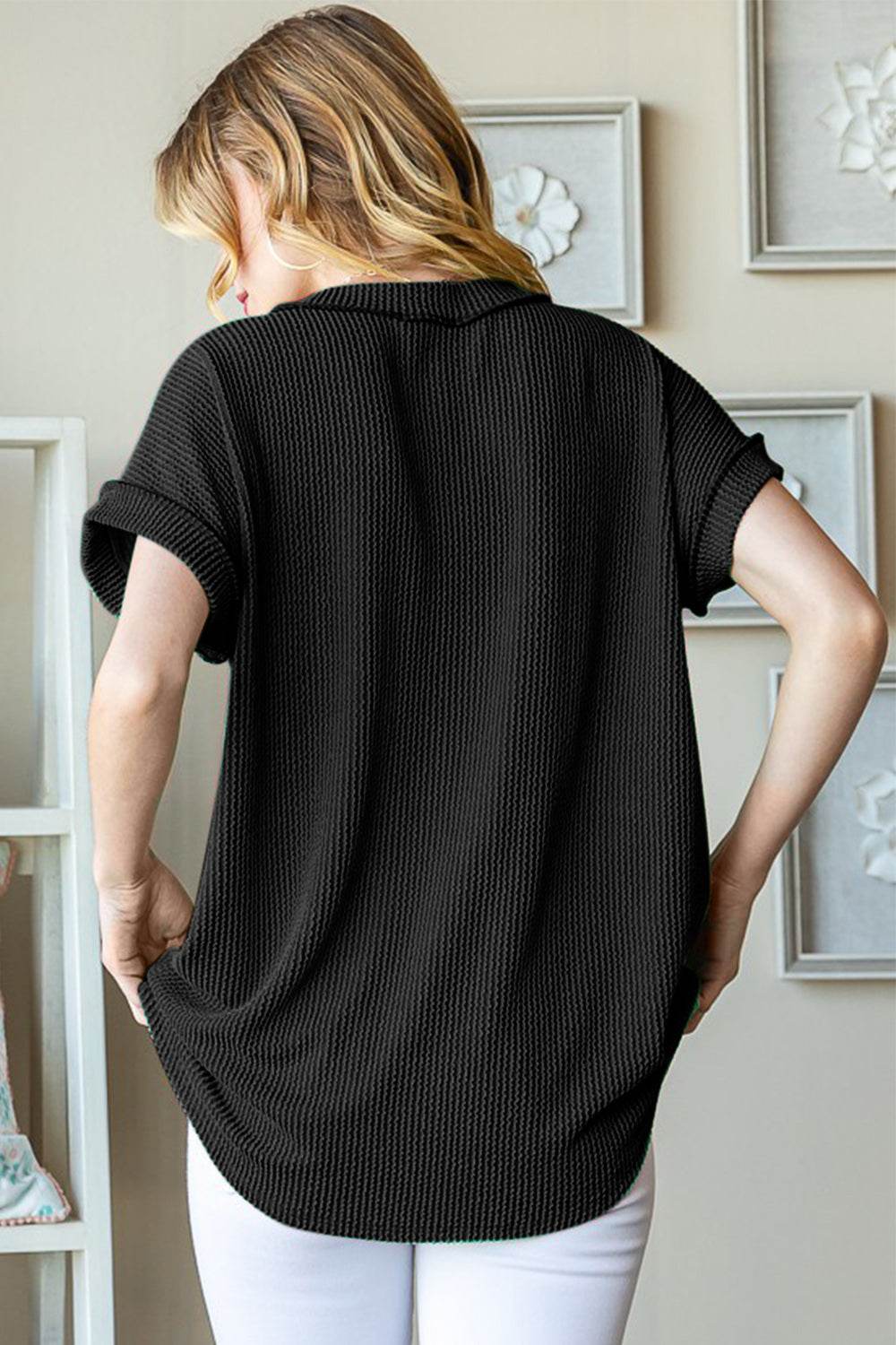 Heimish Full Size Front Pocket Short Sleeve Ribbed Top - DaTrendStore.Com