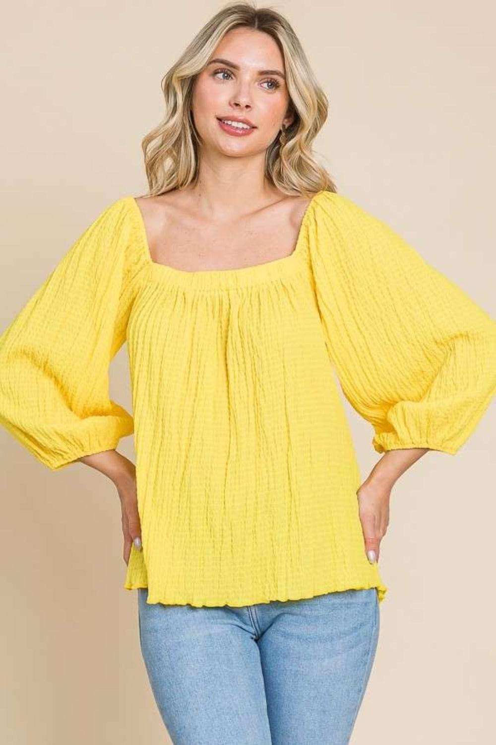 Culture Code Texture Square Neck Puff Sleeve Top - DaTrendStore.Com