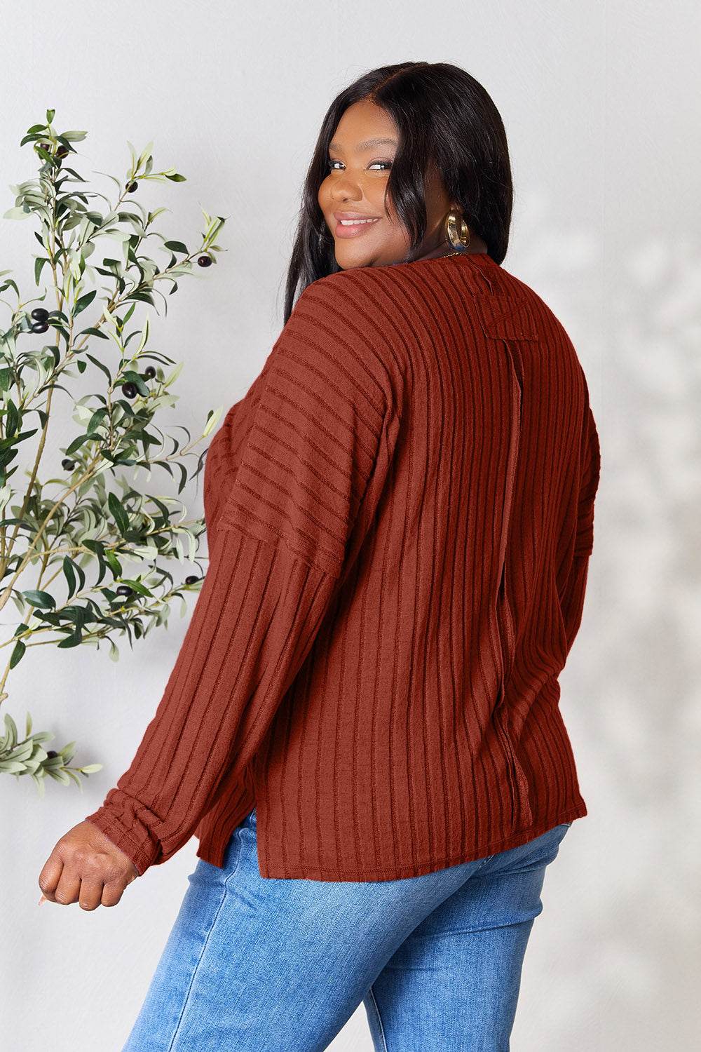 Basic Bae Full Size Ribbed Round Neck Slit Knit Top - DaTrendStore.Com