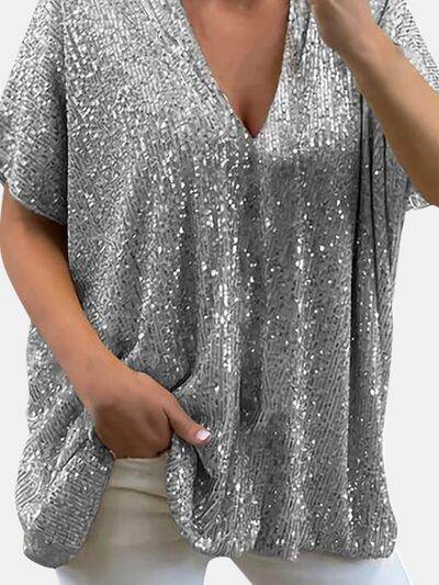 Full Size Sequin V-Neck Short Sleeve Top - DaTrendStore.Com