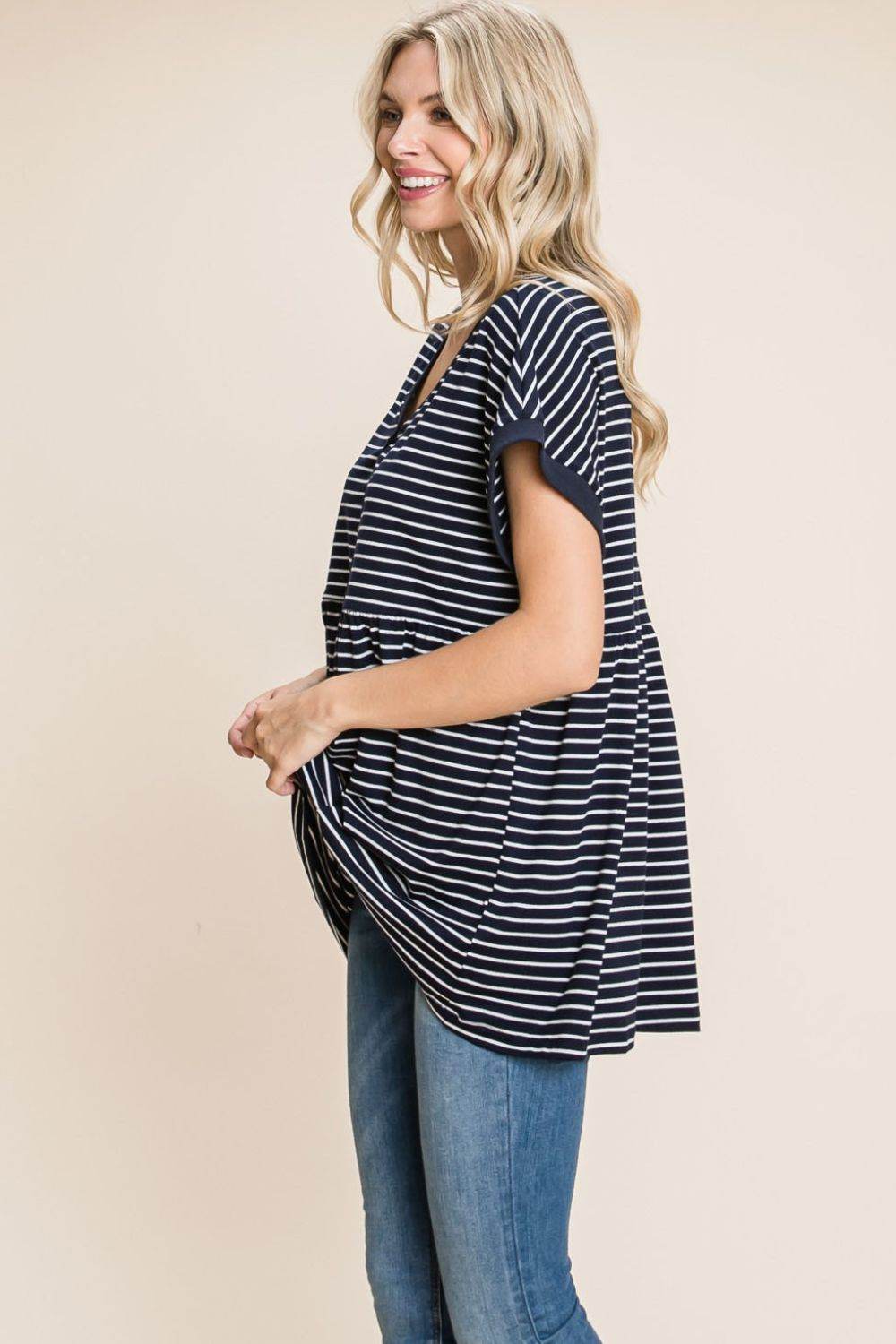 Cotton Bleu by Nu Label Striped Button Front Baby Doll Top - DaTrendStore.Com