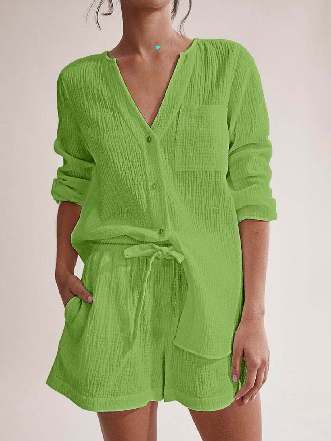 Notched Long Sleeve Top and Shorts Set - DaTrendStore.Com