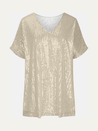 Full Size Sequin V-Neck Short Sleeve Top - DaTrendStore.Com