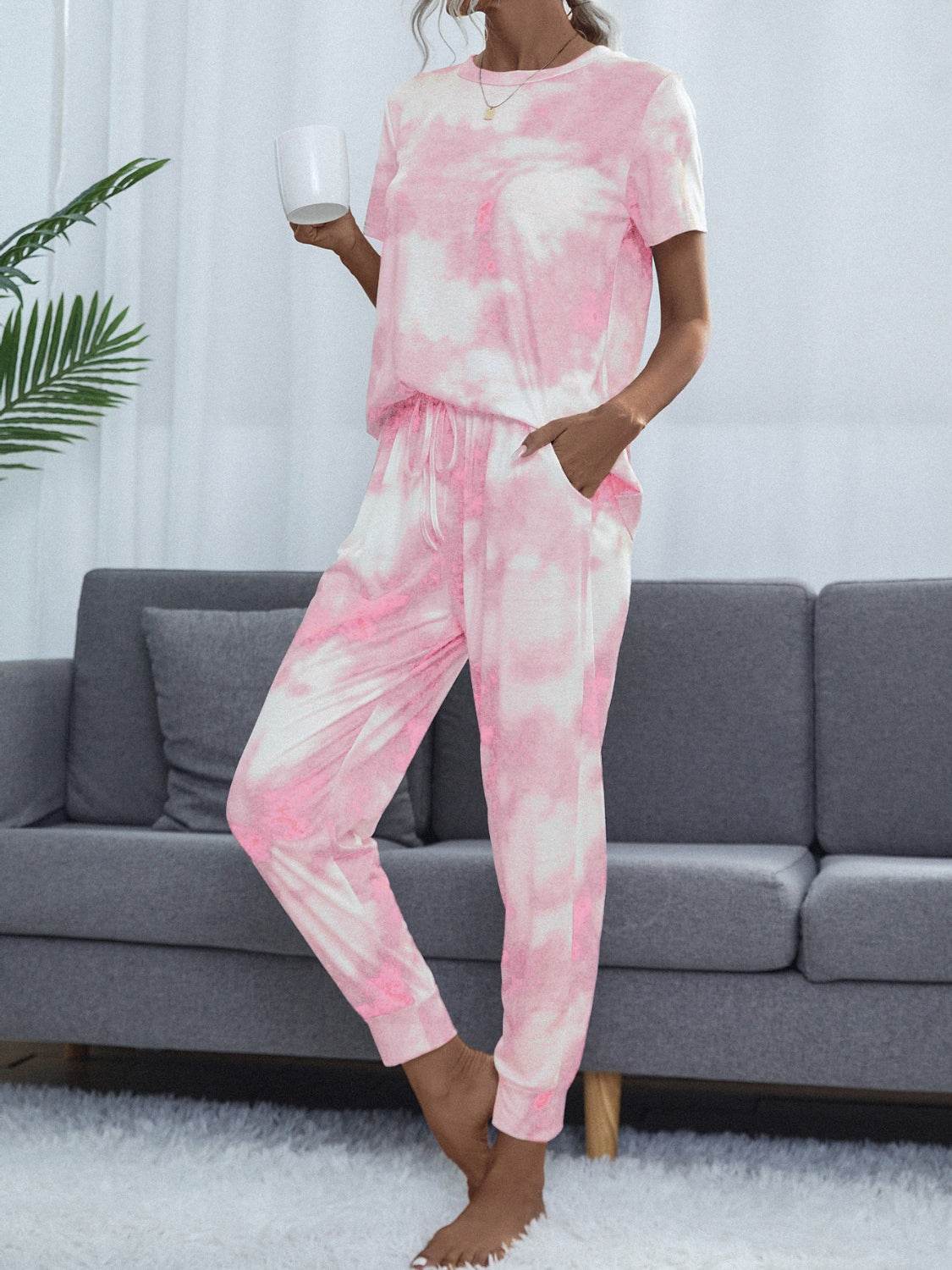 Shiny Tie-Dye Round Neck Short Sleeve Top and Pants - DaTrendStore.Com
