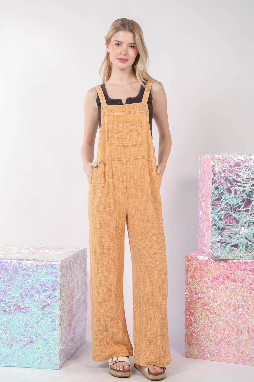 VERY J Texture Washed Wide Leg Overalls - DaTrendStore.Com