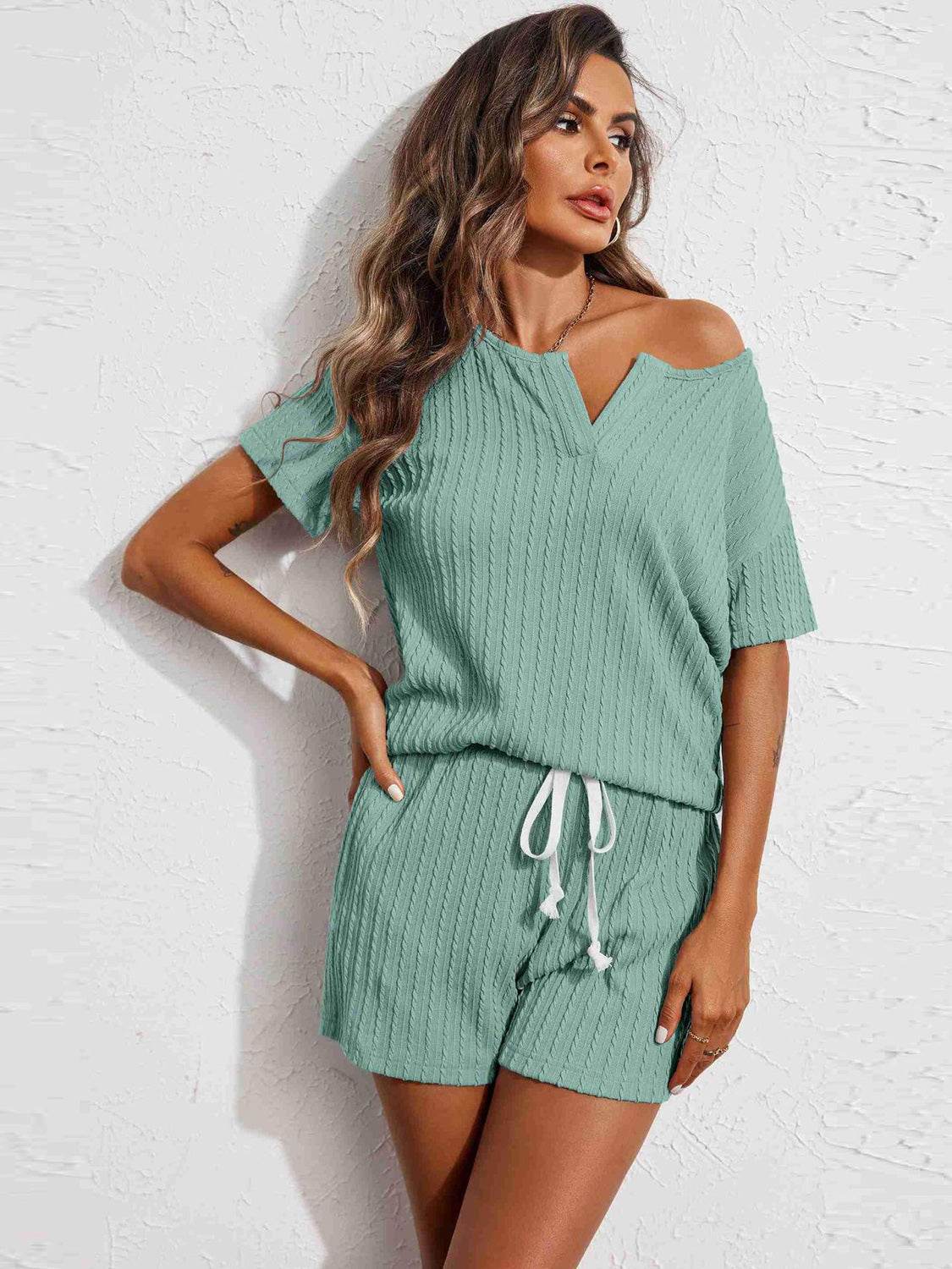 Notched Short Sleeve Top and Shorts Set - DaTrendStore.Com