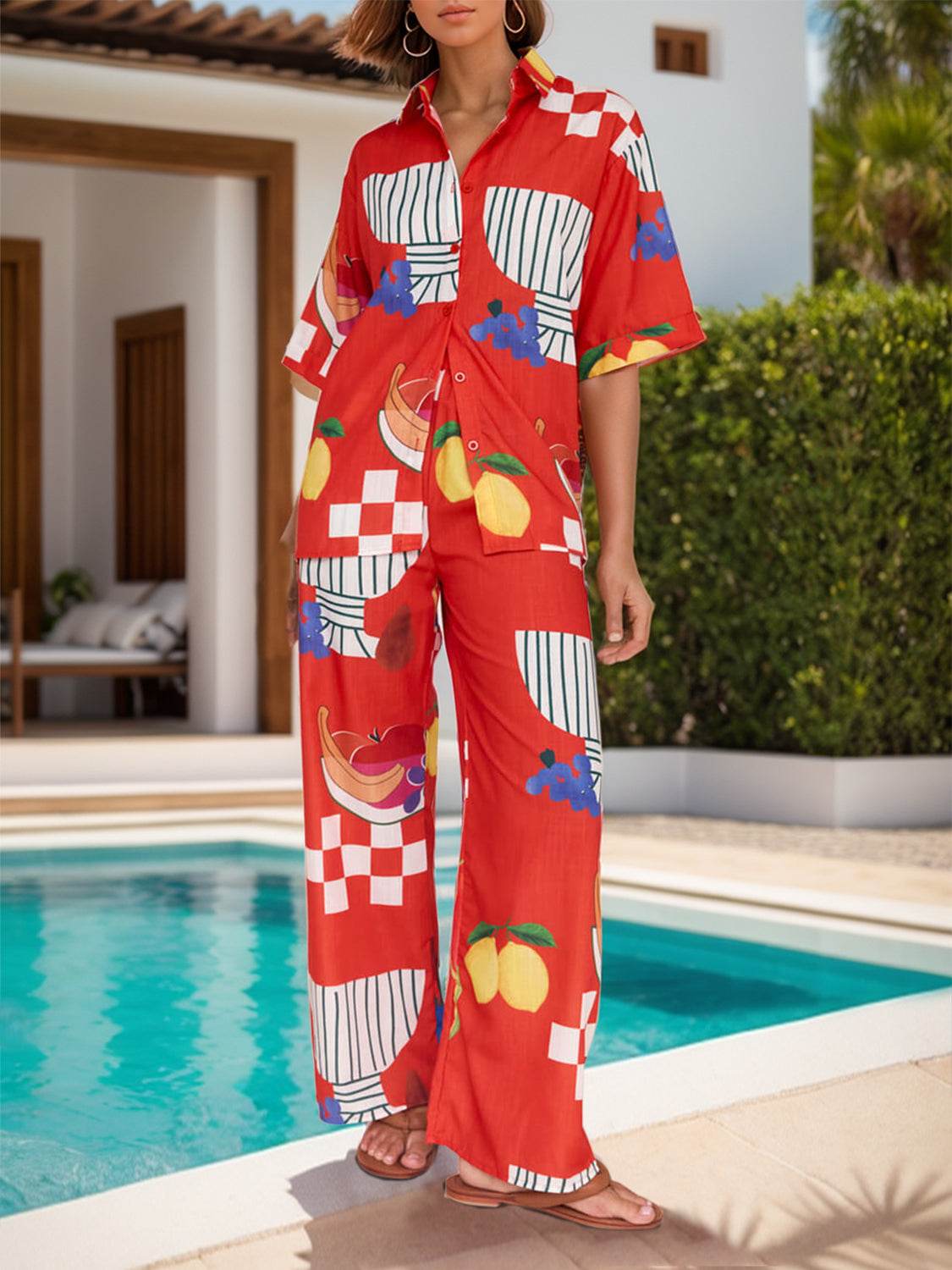 Printed Dropped Shoulder Top and Wide Leg Pants Set - DaTrendStore.Com