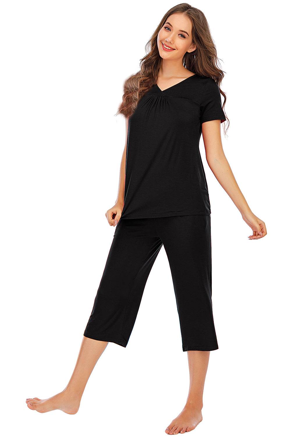 V-Neck Short Sleeve Top and Pants Lounge Set - DaTrendStore.Com