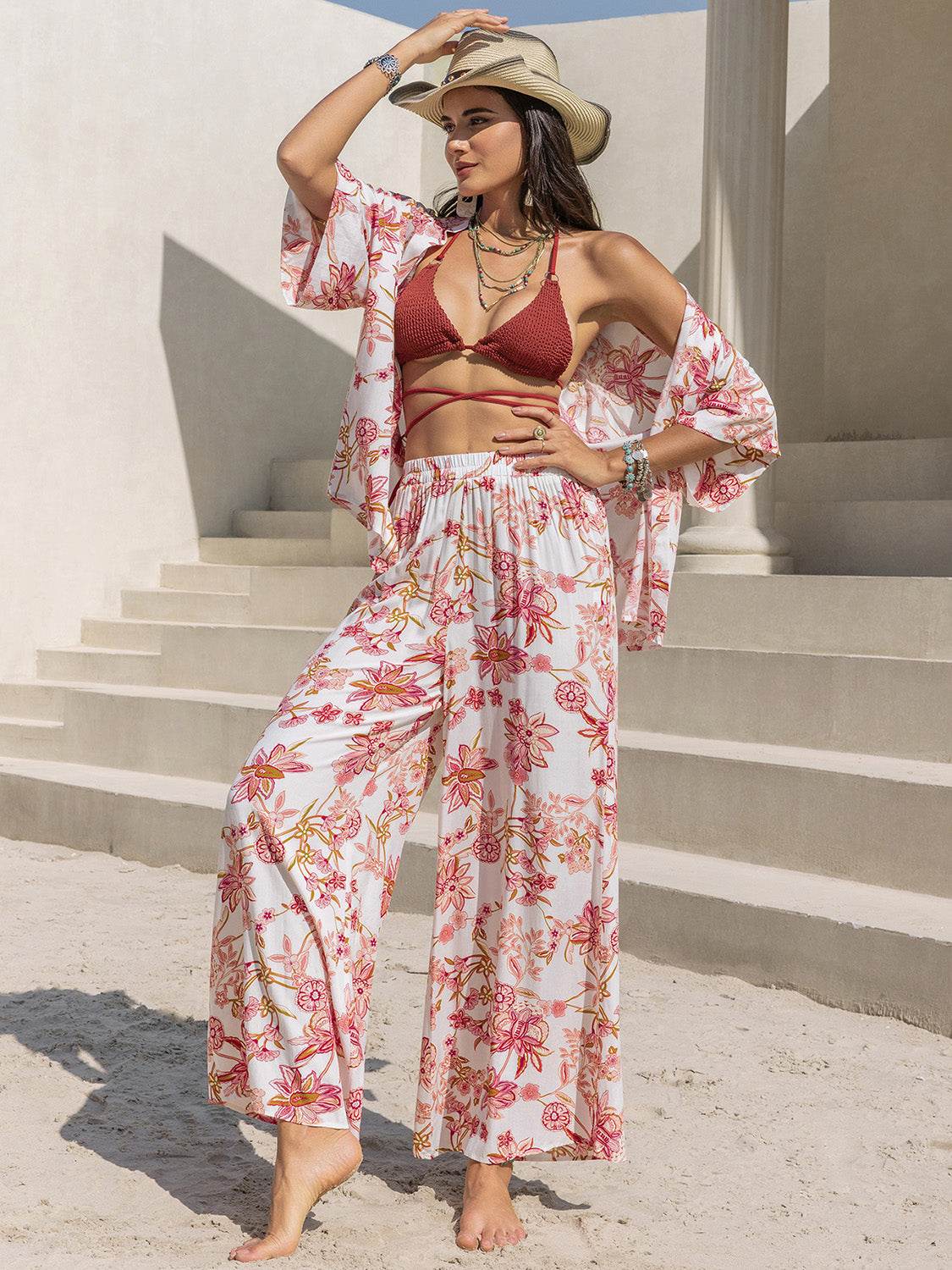 Printed Open Front Half Sleeve Top and Pants Set - DaTrendStore.Com