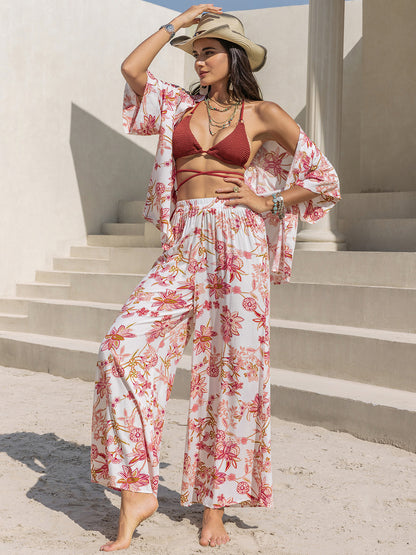 Printed Open Front Half Sleeve Top and Pants Set