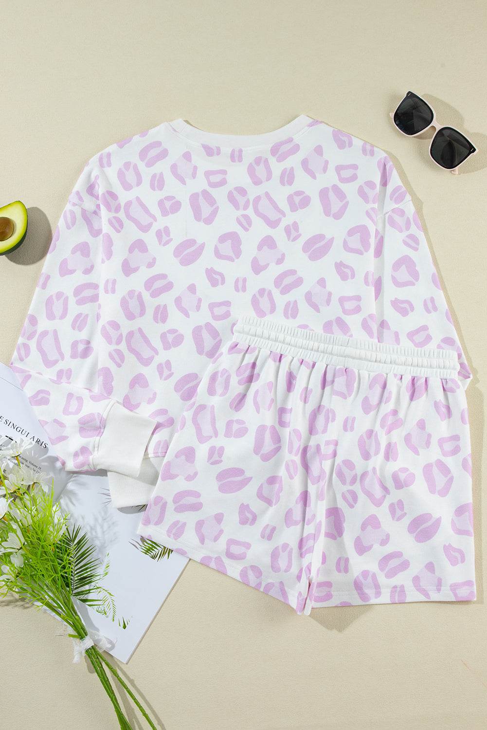 Leopard Long Sleeve Top and Drawstring Shorts Lounge Set - DaTrendStore.Com