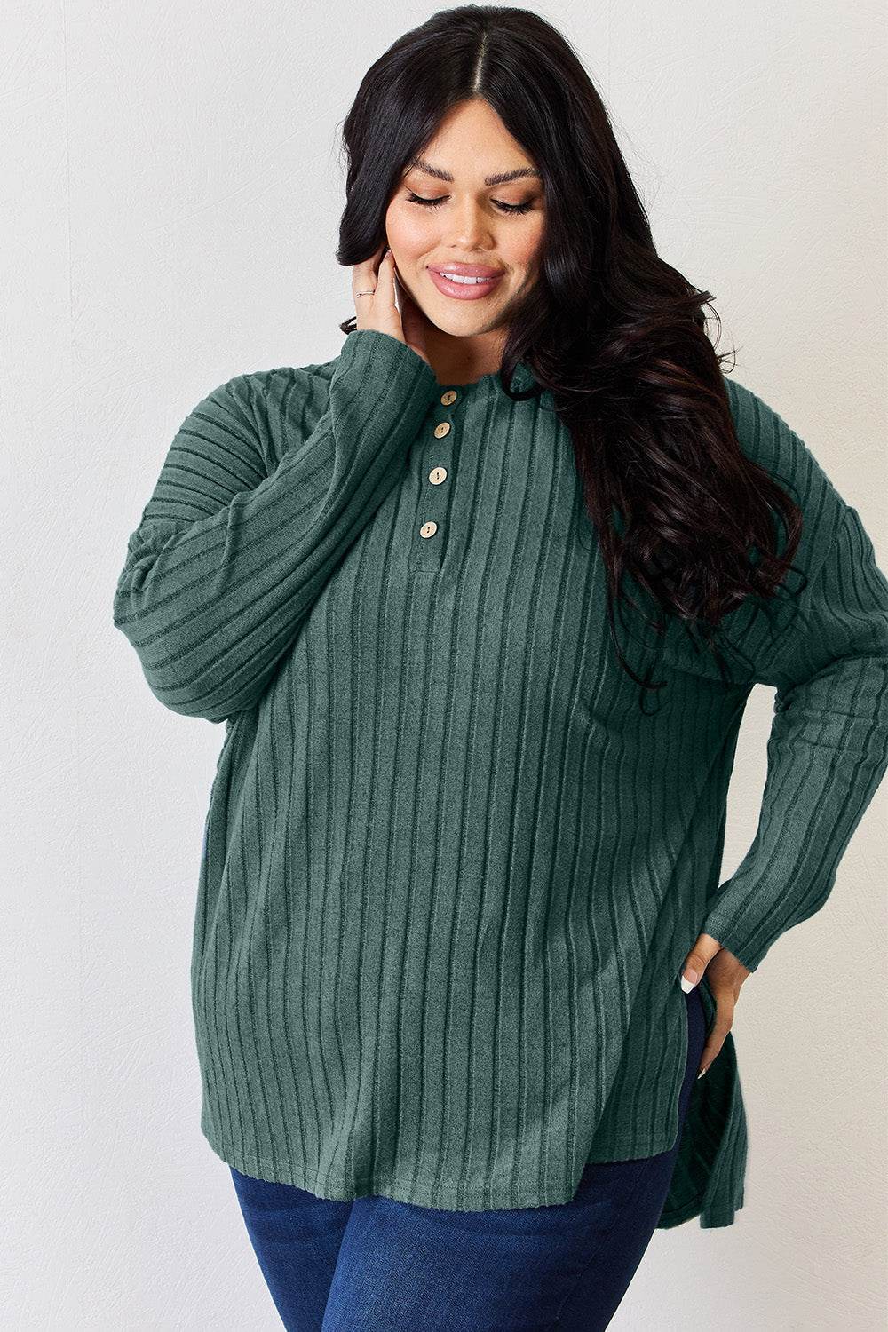 Basic Bae Full Size Ribbed Half Button Long Sleeve High-Low T-Shirt - DaTrendStore.Com