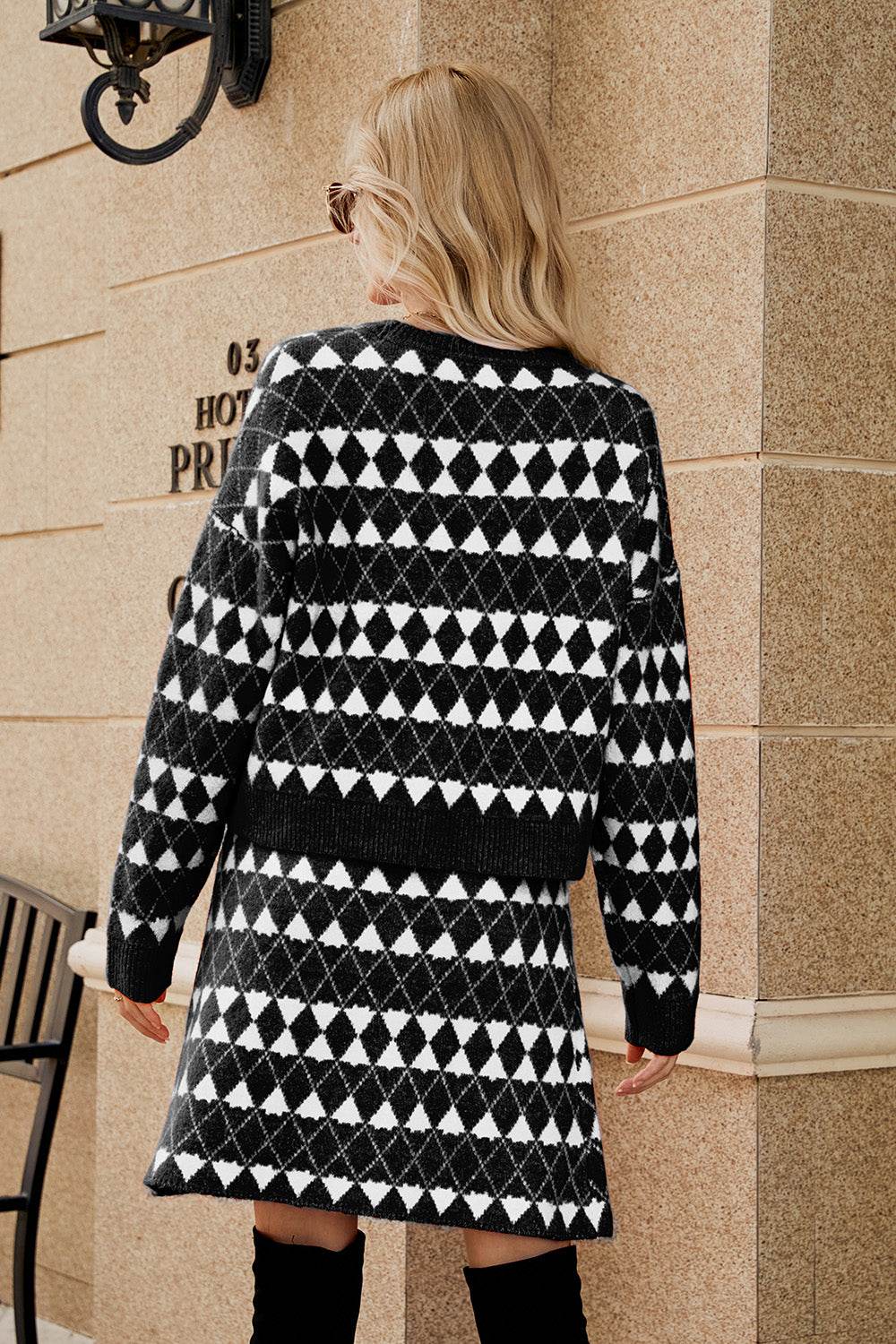 Geometric Button Front Cardigan and Skirt Set - DaTrendStore.Com