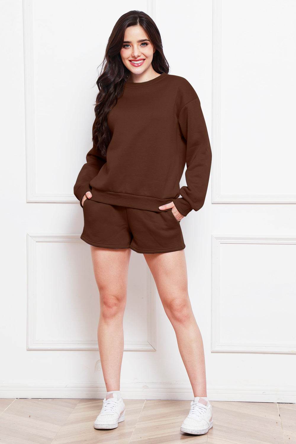 Round Neck Long Sleeve Sweatshirt and Drawstring Shorts Set - DaTrendStore.Com