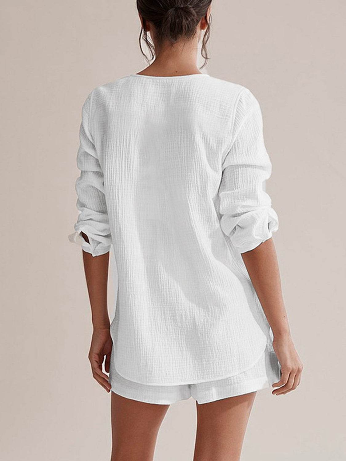 Notched Long Sleeve Top and Shorts Set - DaTrendStore.Com