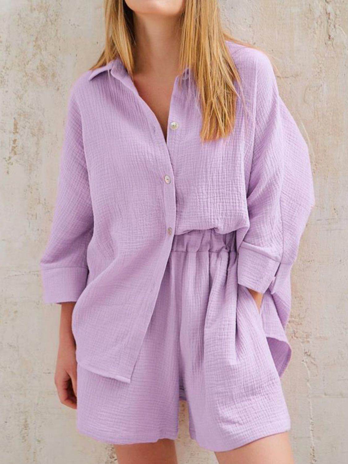 Texture Button Up Shirt and Shorts Set - DaTrendStore.Com