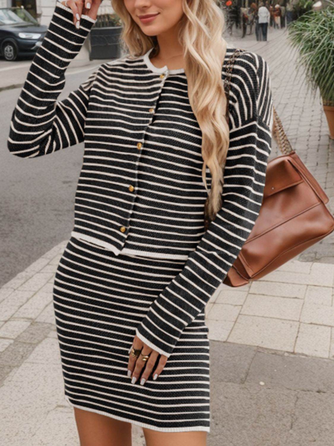 Striped Long Sleeve Top and Skirt Set - DaTrendStore.Com