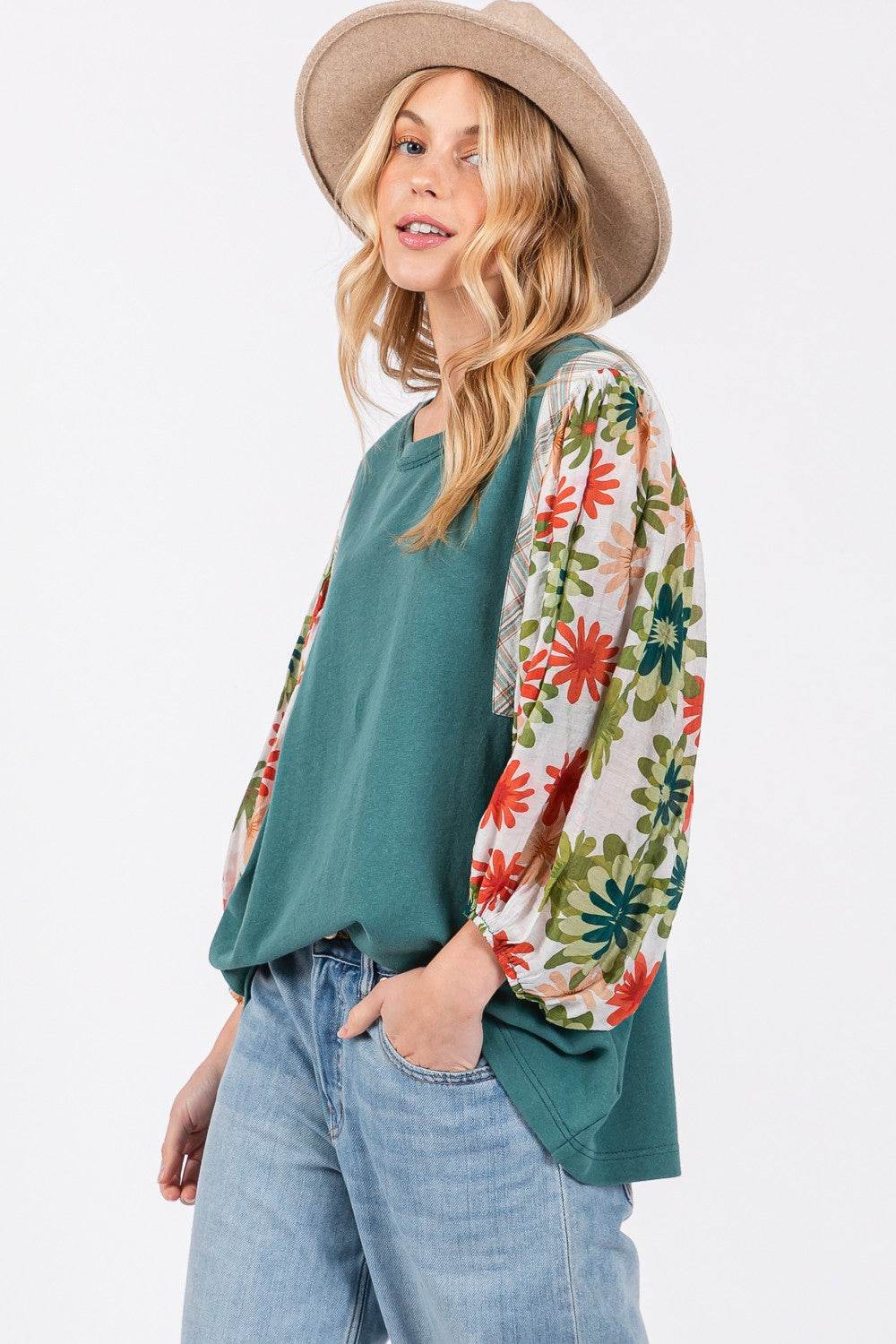 SAGE + FIG Full Size Printed Balloon Sleeve Contrast Top - DaTrendStore.Com