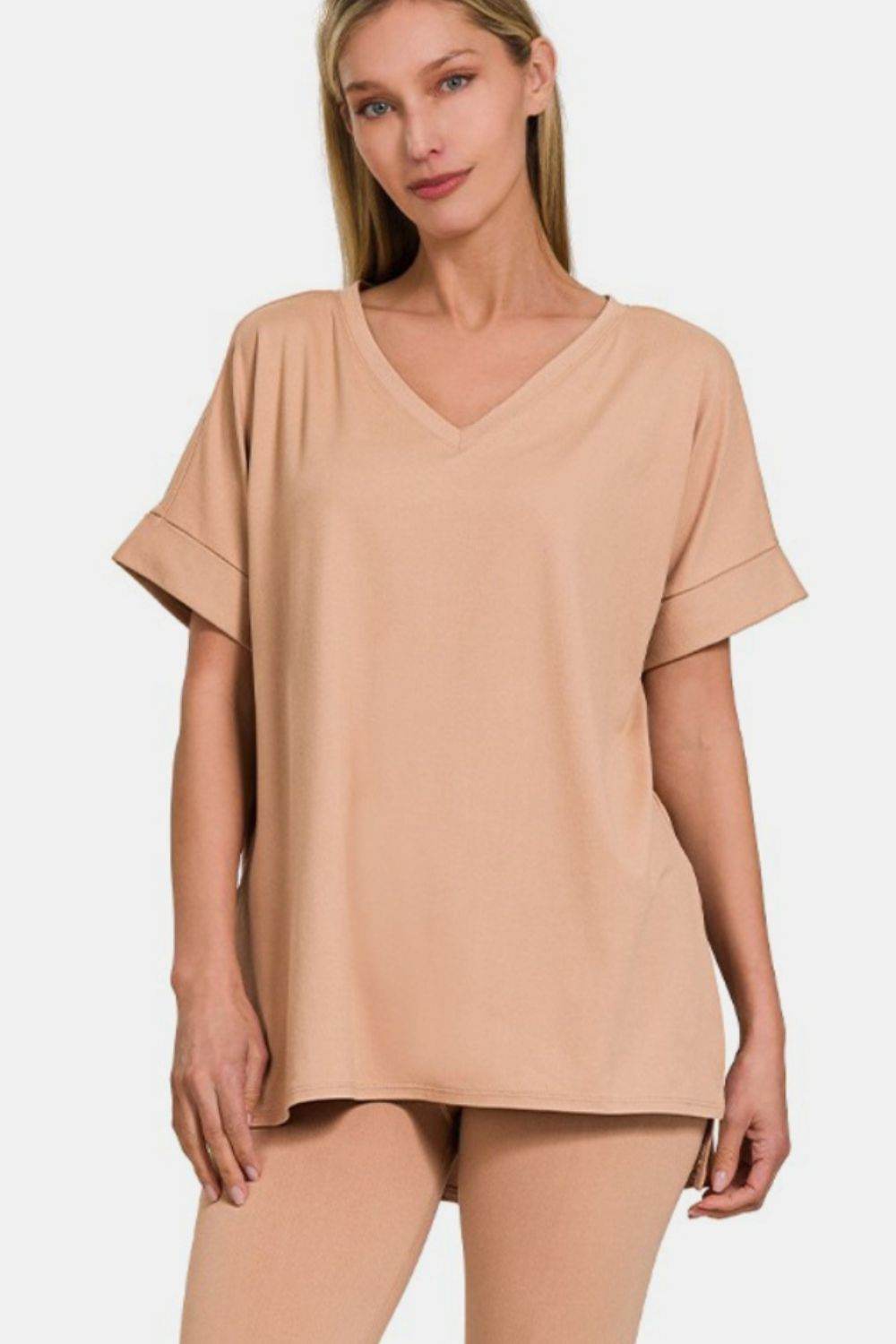 Zenana Full Size V-Neck Rolled Short Sleeve T-Shirt and Leggings Lounge Set - DaTrendStore.Com