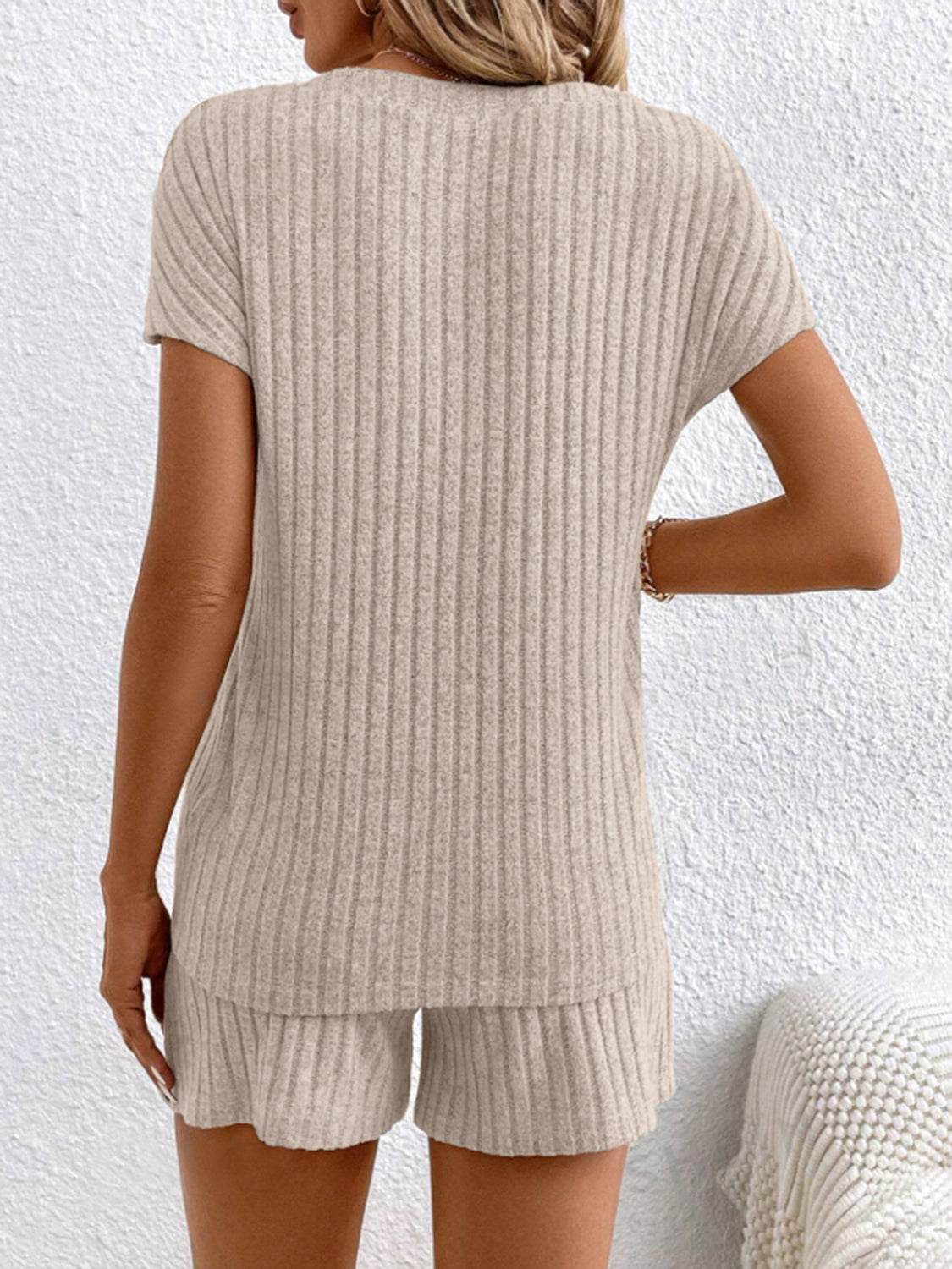Ribbed V-Neck Top and Shorts Set - DaTrendStore.Com
