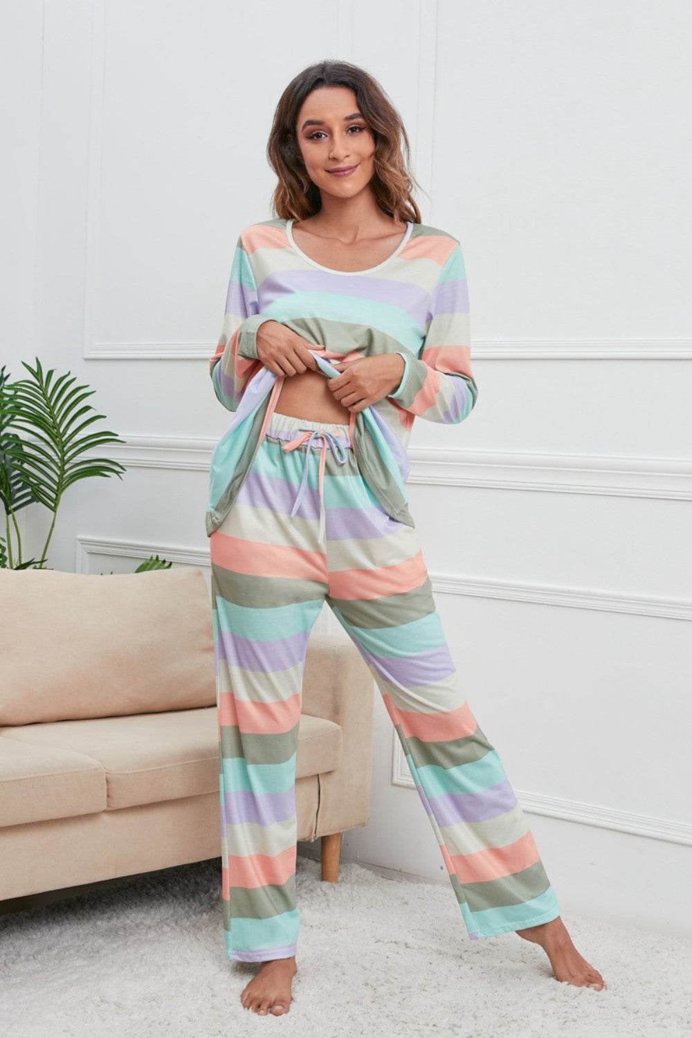Striped Round Neck Long Sleeve Top and Drawstring Pants Lounge Set - DaTrendStore.Com