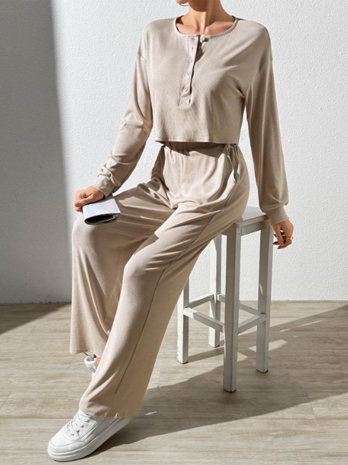 Half Button Long Sleeve Top and Pants Set - DaTrendStore.Com