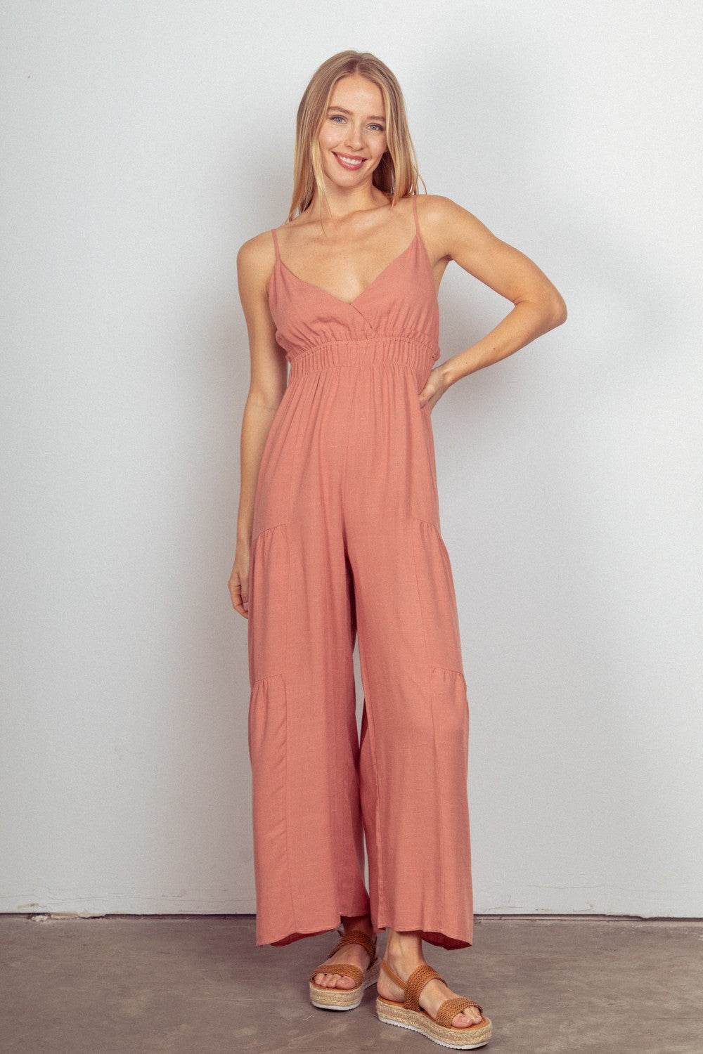 VERY J Sleeveless Ruched Wide Leg Jumpsuit - DaTrendStore.Com