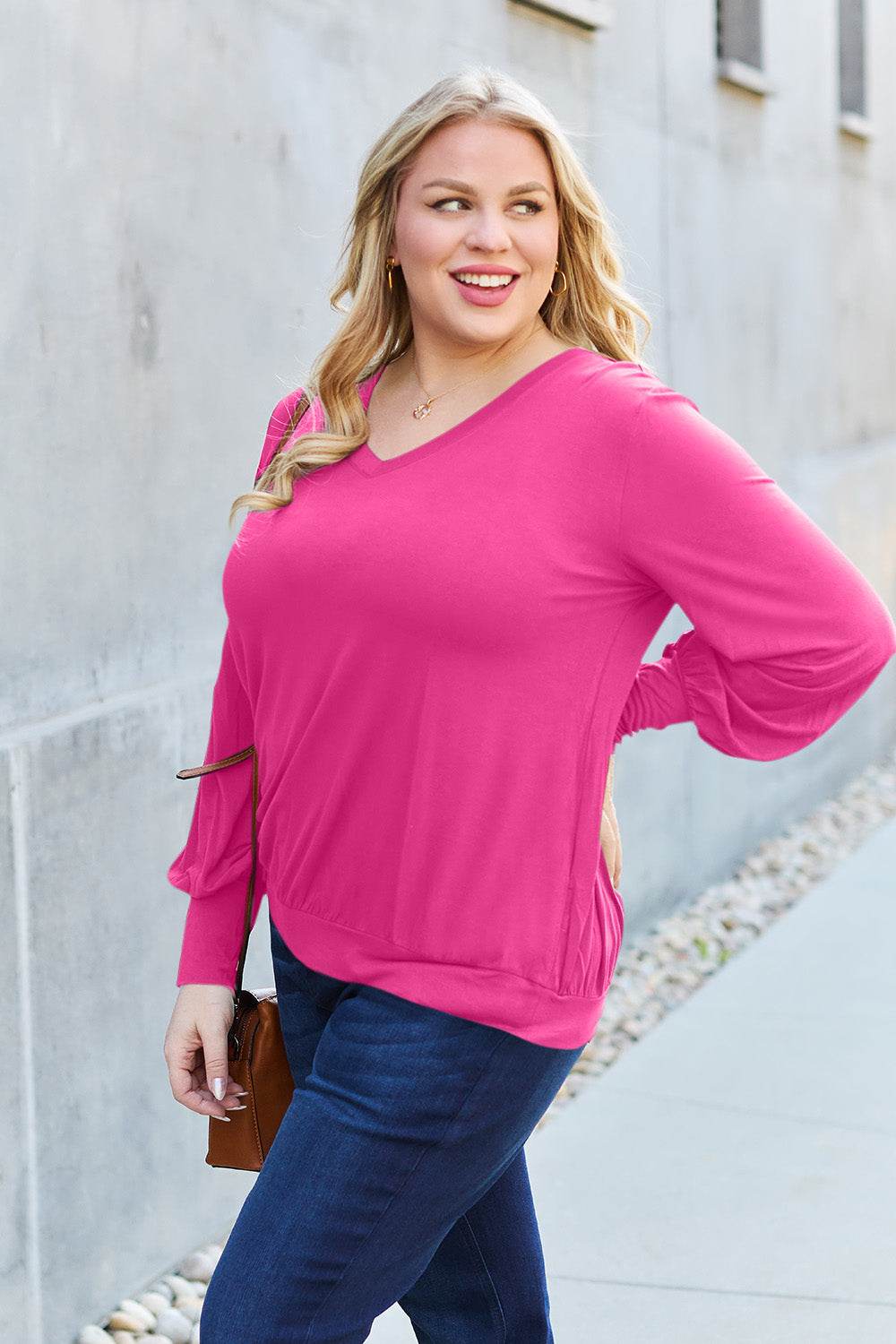 Basic Bae Full Size V-Neck Lantern Sleeve Top - DaTrendStore.Com