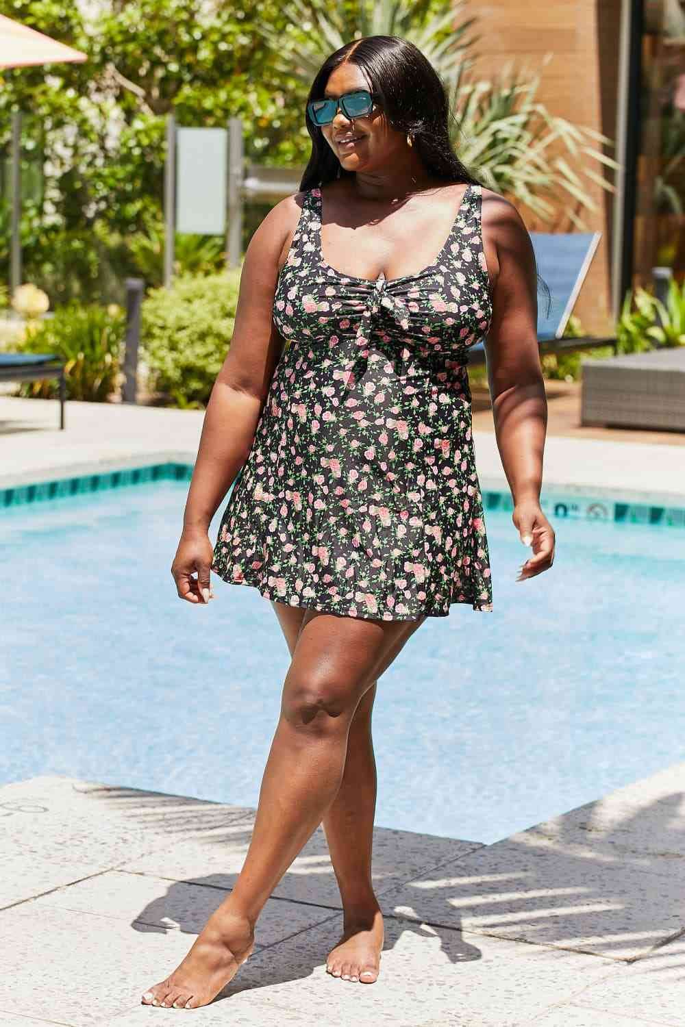 Marina West Swim Full Size Clear Waters Swim Dress in Black Roses - DaTrendStore.Com